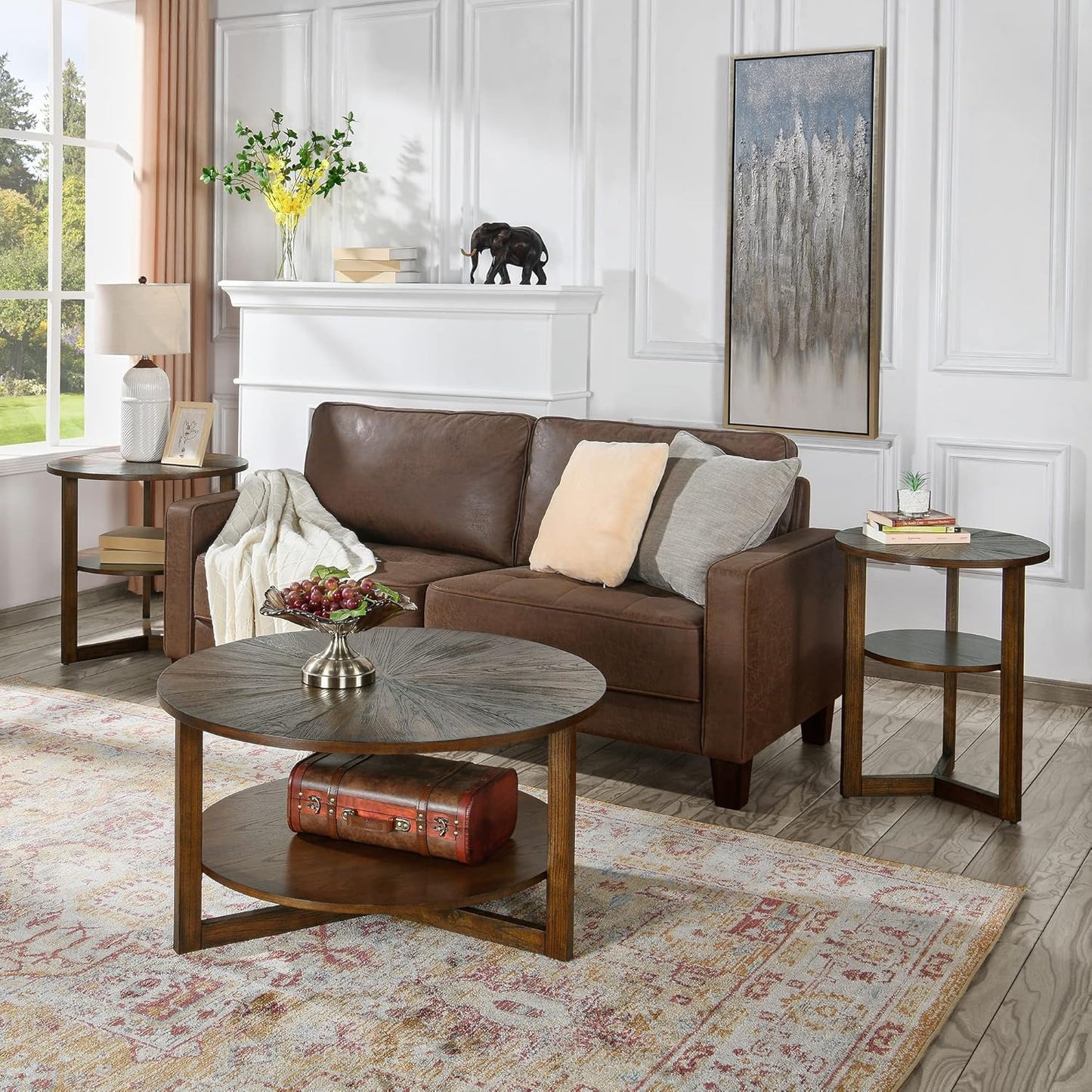 Large Round End Table with Storage Shelf, 25.2" Dia Rustic Beside Tables with Umbrella Top, Traditional Circular Sofa Side Table-,Telephone Table for Living Room Easy Assembly, Vintage Brown CJZ3338NC