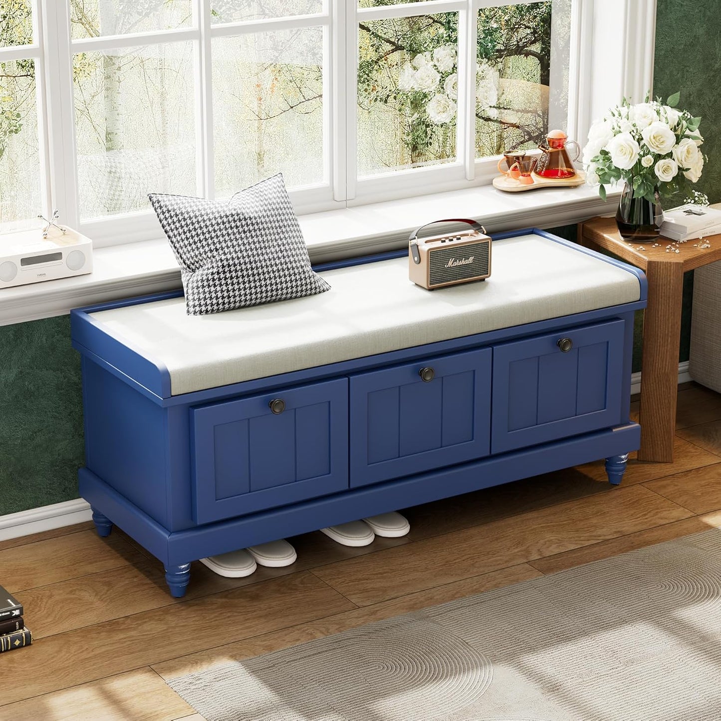 Merax Classic Storage Bench with Cushioned Seat and Three Drawers for Entryway & Living Room & Bedroom, Navy Blue