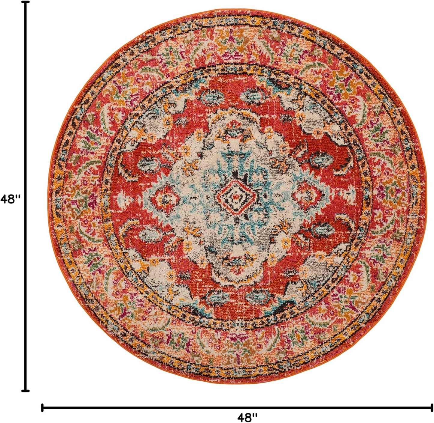 SAFAVIEH Monaco Collection Area Rug - 4' Round, Orange & Light Blue, Boho Chic Medallion Distressed Design, Non-Shedding & Easy Care, Ideal for High Traffic Areas in Living Room, Bedroom (MNC243H)