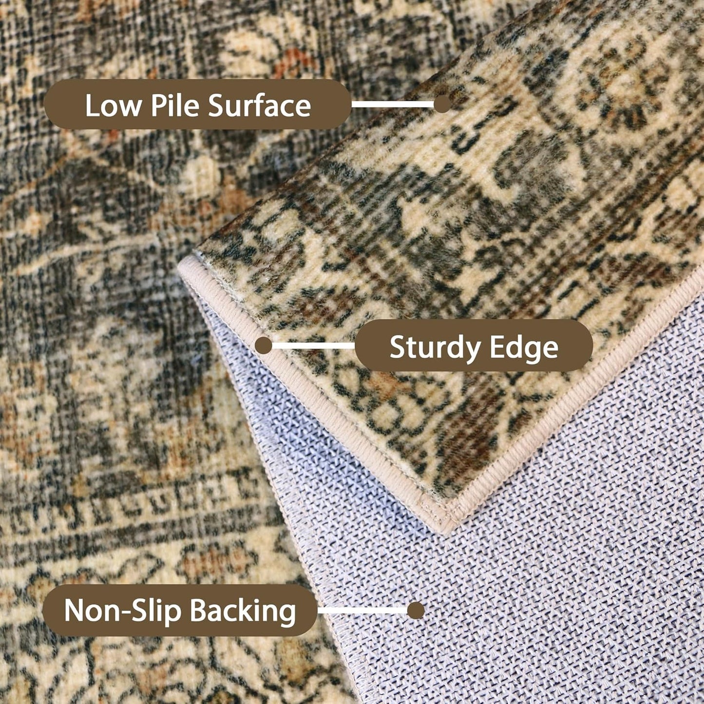 8X10 Area Rugs Machine Washable Rugs for Living Room, Vintage Boho Large Rugs for Bedroom Dining Room, Non Slip Indoor Soft Distressed Lightweight Thin Low Pile Carpet, Brown