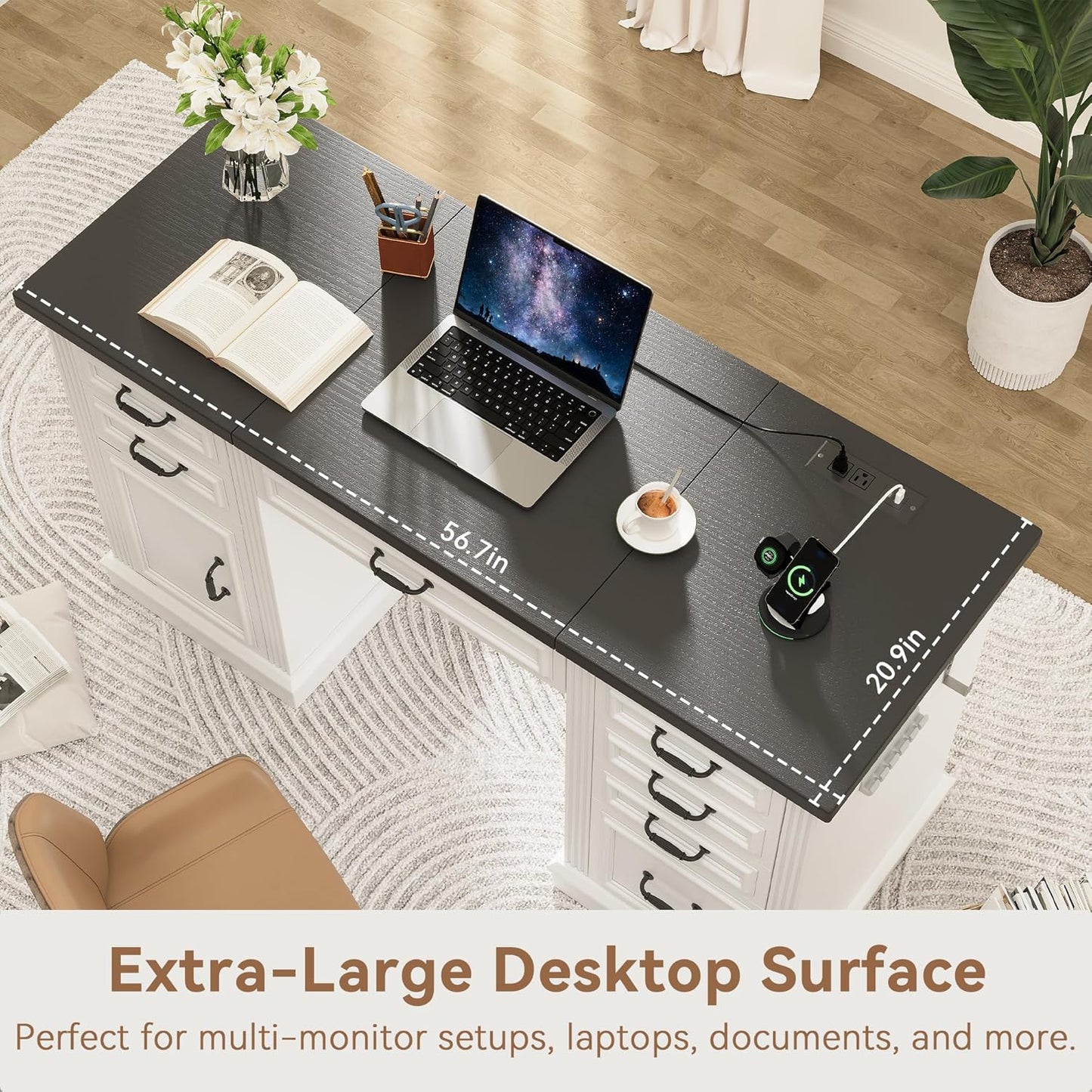 Farmhouse 57" Lift Desktop Executive Desk with 6 Drawers and Charging Station, Wood Home Office Computer Desk with File Cabinet Storage, Keyboard Tray,Headphone hook for Work,Study, Antique White