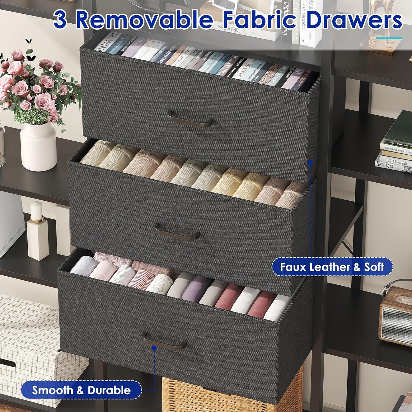 73.6" Tall Bookshelf with 3 Drawers and 16 Storage Shelves, Industrial Bookcase with 16 Open Display Shelves, Large Etagere Bookshelf, Triple Wide Book Shelf Book Case for Home & Office, Black