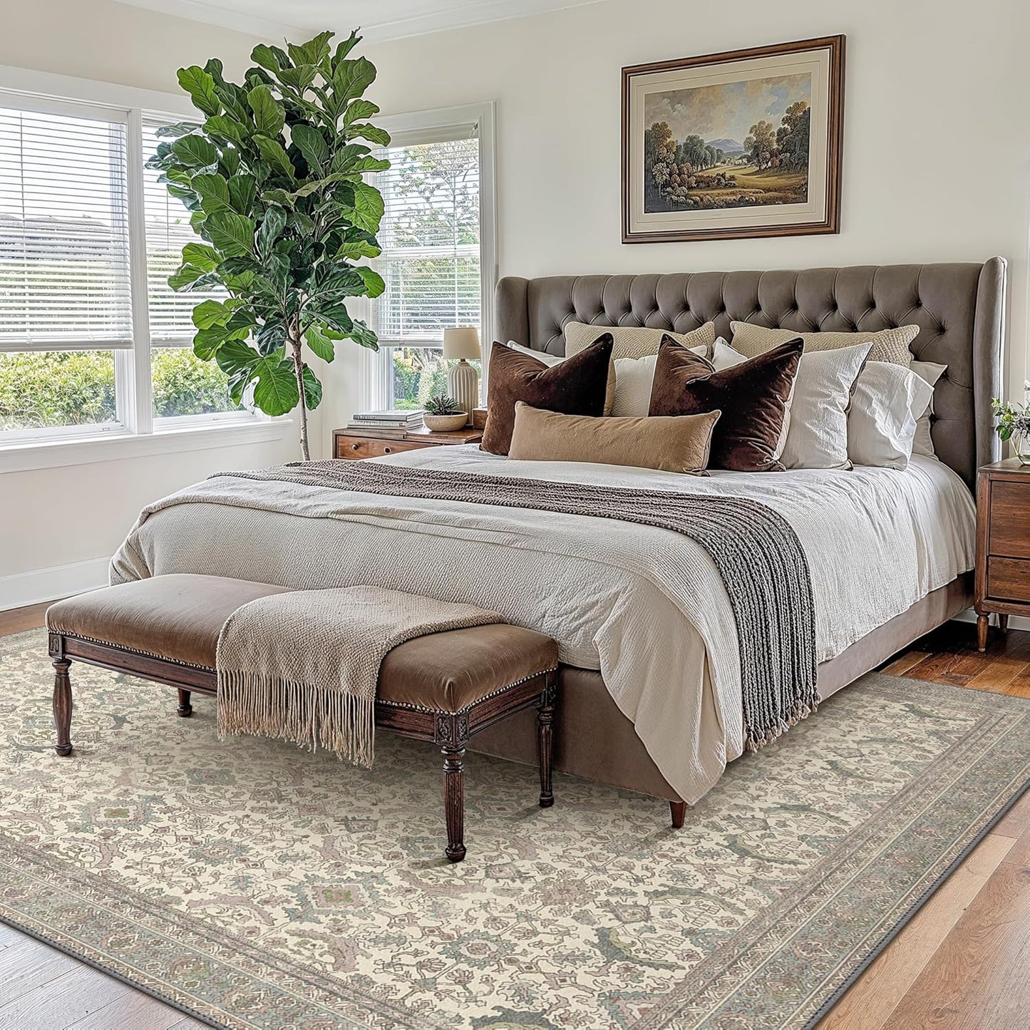 8X10 Area Rugs Machine Washable Rugs for Living Room, Vintage Boho Large Rugs for Bedroom Dining Room, Non Slip Indoor Soft Distressed Lightweight Thin Low Pile Carpet, Cream