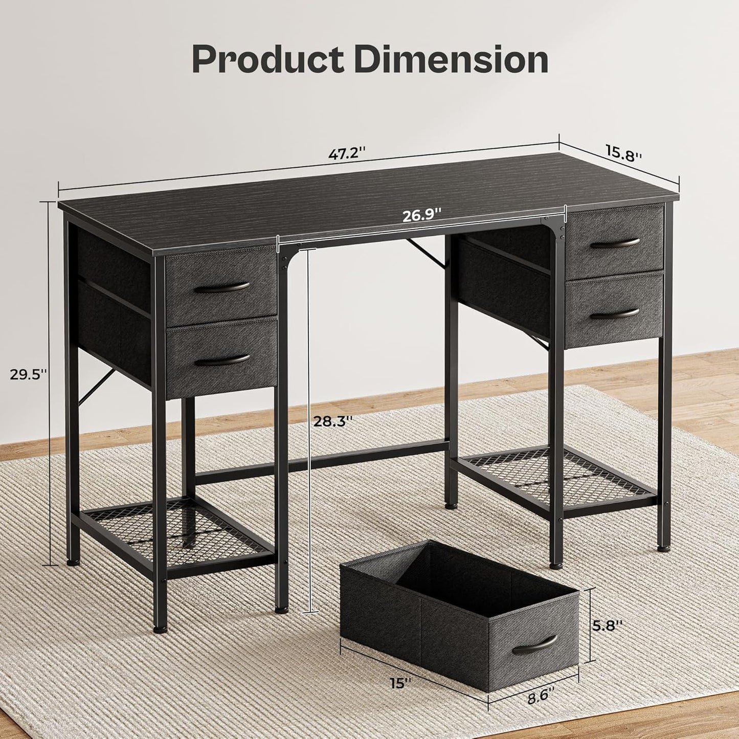 Huuger 47 Inch Computer Desk with 4 Drawers, Office Desk with Mesh Shelf, Gaming Desk, Large Storage, Writing Work Desk for Home Office, Study, Bedroom, Work from Home, Black