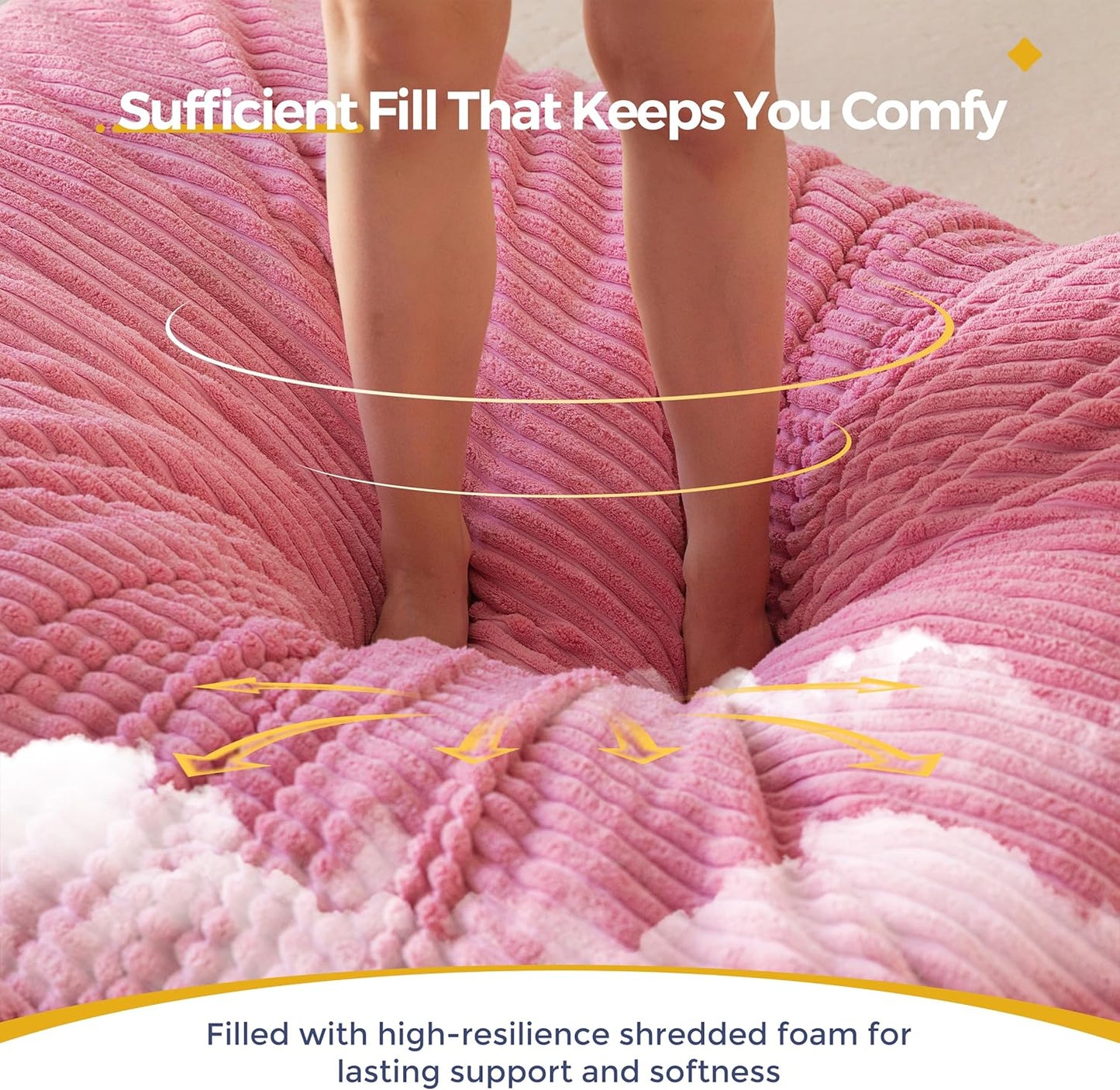 MAXYOYO Giant Bean Bag Chair with Pillow, 3 in 1 Convertible Bean Bag Chair for Adults with Washable Cover, Removable Floor Cushion Stuffed Floor Lounger for Living Room Bedroom, Pink, Full