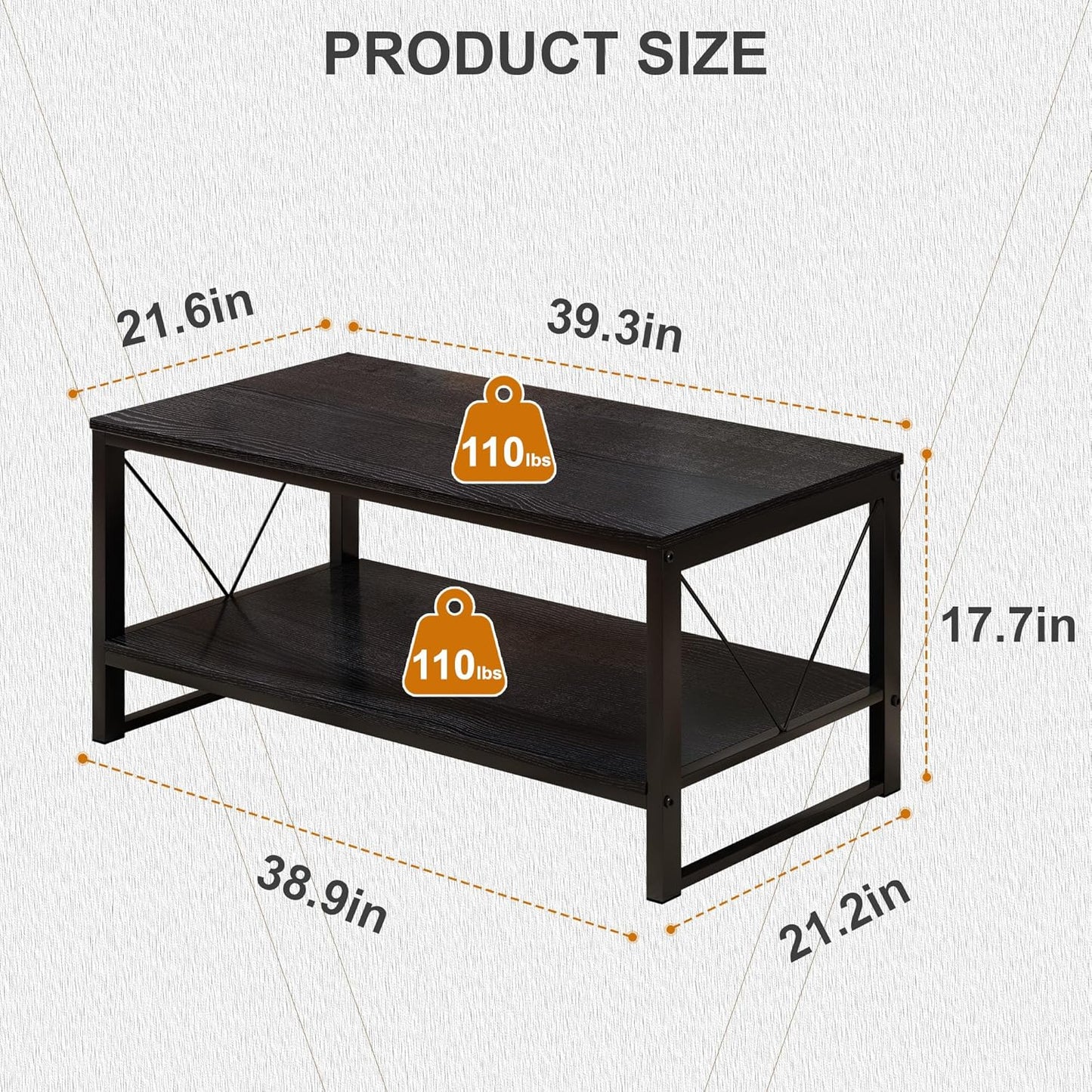 Rectangle Coffee Table Tea Table with Storage Shelf, Farmhouse Wooden Coffe Table for Living Room Table, 40" Rustic Center Table 2-Tier Minimalist Coffee Table Easy Assembly (Black)