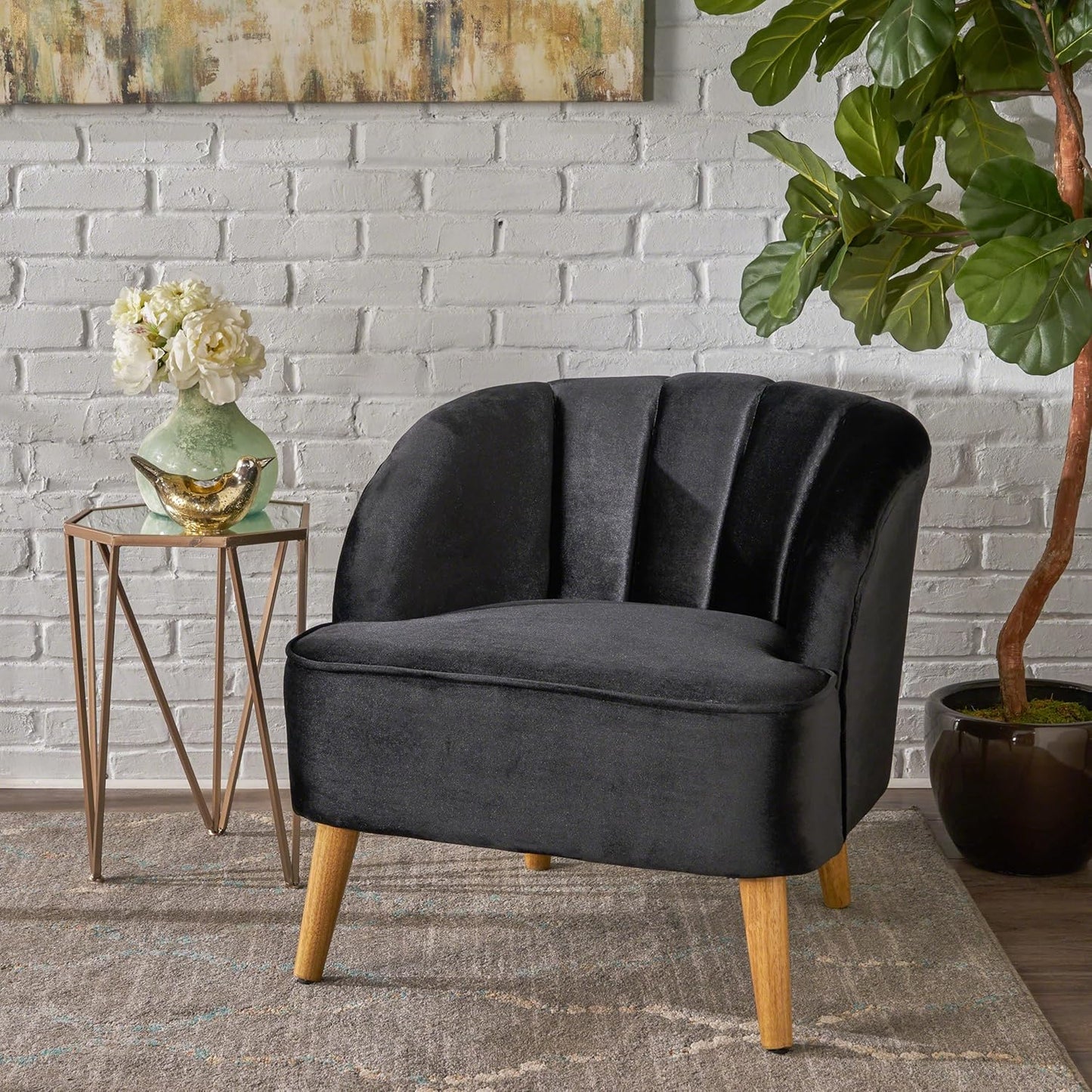 Ball & Cast Velvet Accent Chair,Modern Lounge Living Room Chairs with A Curved Backrest and Iconic Splayed Legs,Seating Furniture for Bedroom,Black