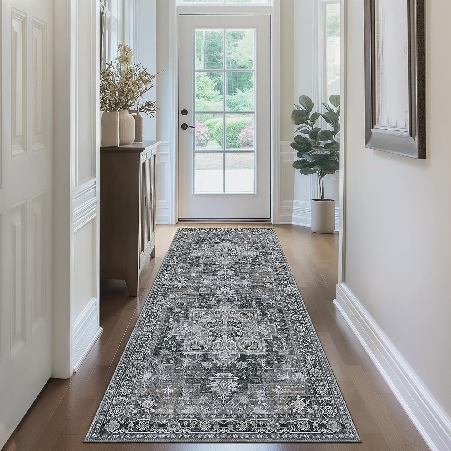 GENIMO 2x5 Runner Rugs for Hallway, Machine Washable Non Slip Vintage Rugs, Low Pile Lightweight Soft Print Rug for enrtyway, Corridor, Home Office, Kitchen,Dark Gray