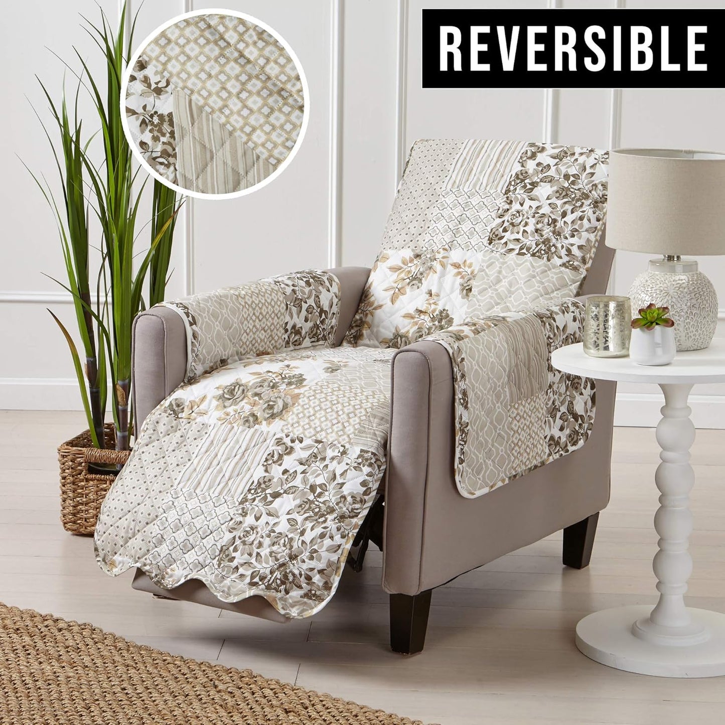 Great Bay Home Patchwork Scalloped Printed Furniture Protector Stain Resistant Recliner Cover (Recliner, Taupe)