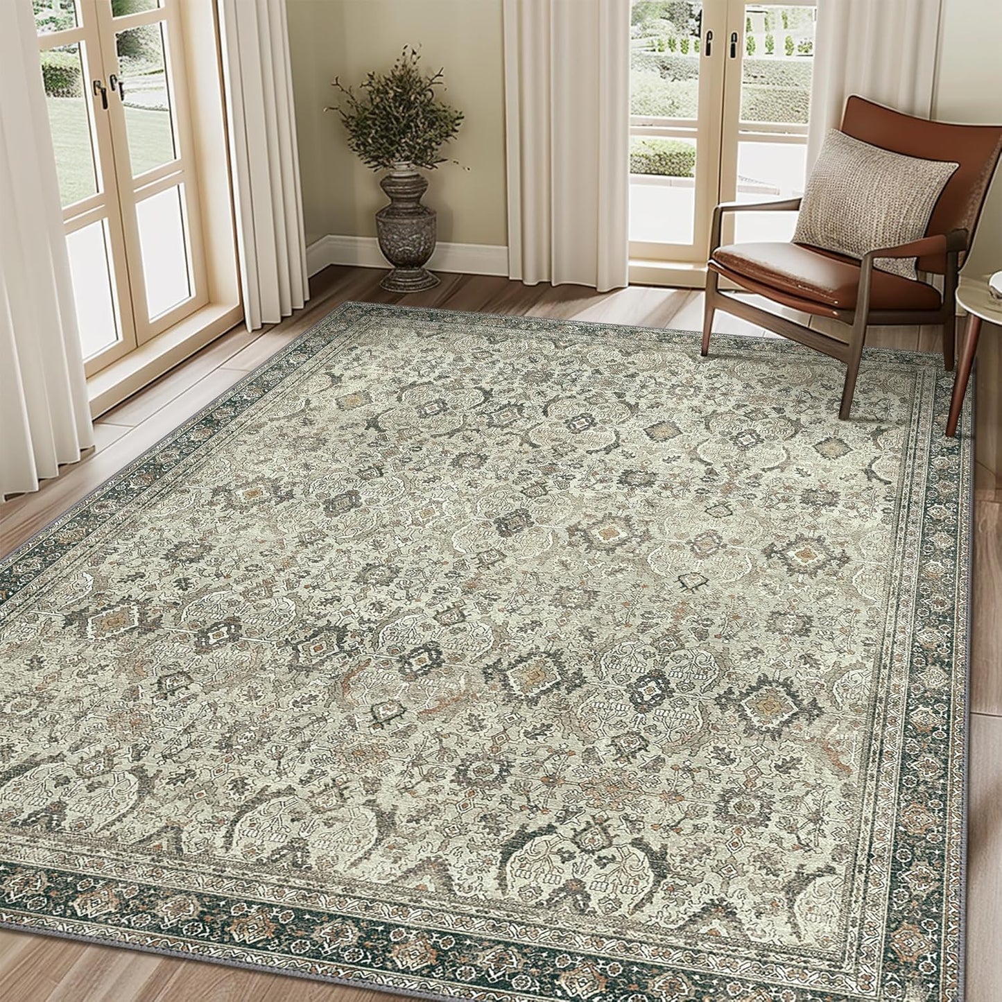 8X10 Area Rugs Machine Washable Rugs for Living Room, Vintage Boho Large Rugs for Bedroom Dining Room, Non Slip Indoor Soft Distressed Lightweight Thin Low Pile Carpet, Tan