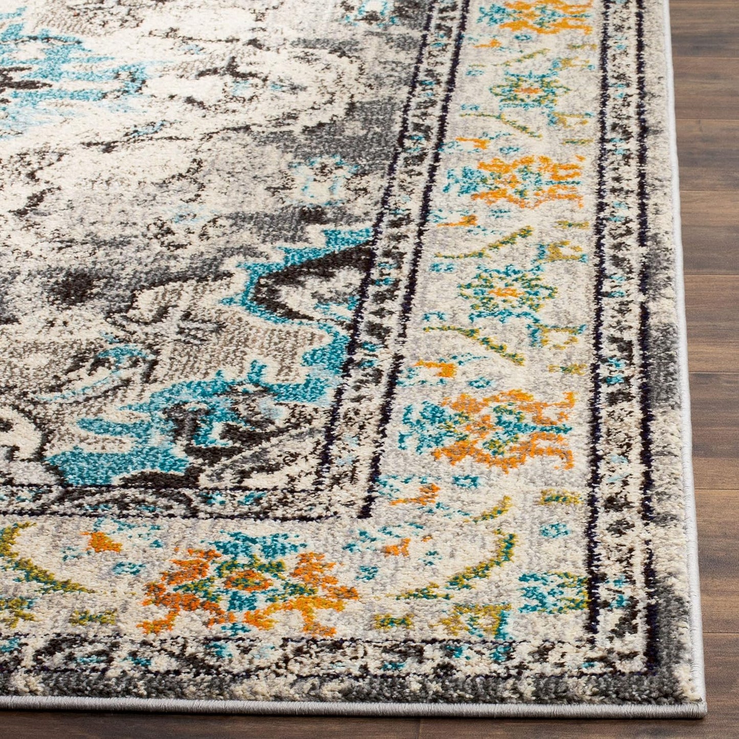 SAFAVIEH Monaco Collection Area Rug - 6'7" Square, Grey & Light Blue, Boho Chic Medallion Distressed Design, Non-Shedding & Easy Care, Ideal for High Traffic Areas in Living Room, Bedroom (MNC243G)
