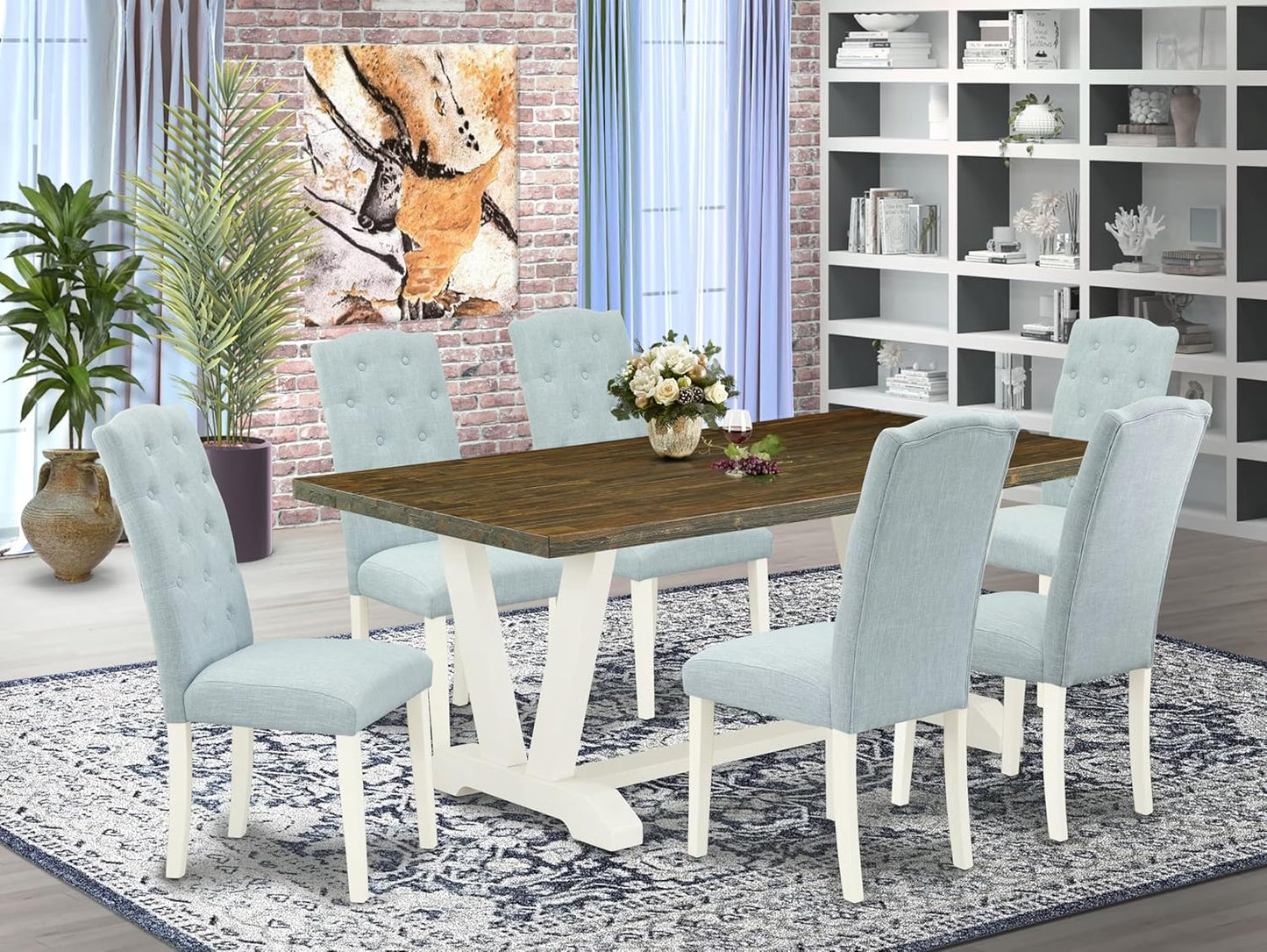 East West Furniture V077CE215-7 7 Piece Dining Set Consist of a Rectangle Dining Room Table with V-Legs and 6 Baby Blue Linen Fabric Upholstered Parson Chairs, 40x72 Inch, Multi-Color