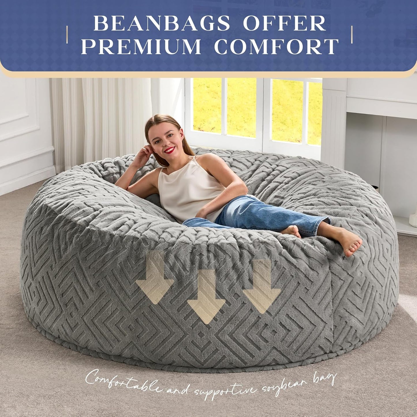 Hobestluk Bean Bag Chairs Adults Beanbag Chair with Filler Large Bean Bags with Fluffy Embossed Cover, Giant Bean Bag Chairs for Adults (Grey, 6FT - 70" x 70" x 15")