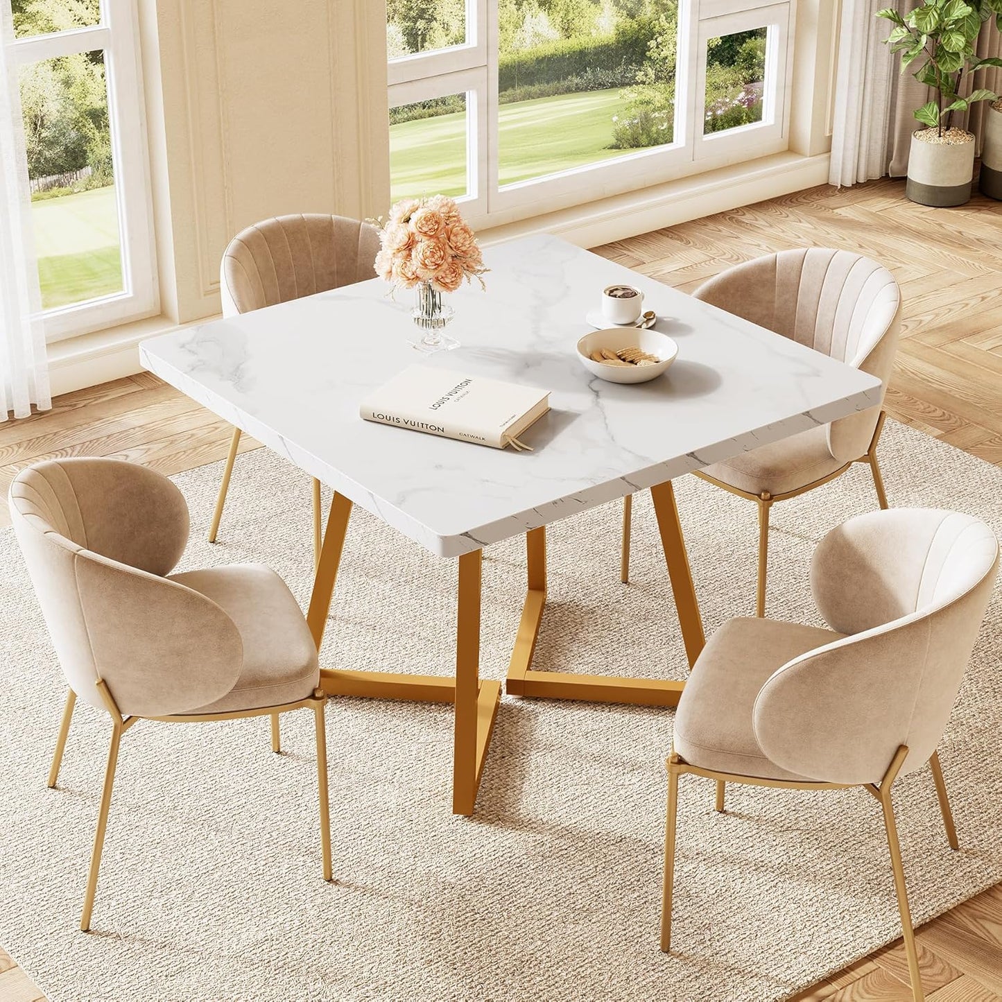 LITTLE TREE 31.5 Inches Small Dining Table for 4, Square Dinner Table for Small Space, Dining Room Tables, White Gold Wooden Kitchen Table with Metal Legs, Modern Leisure Cafe Table for Apartment