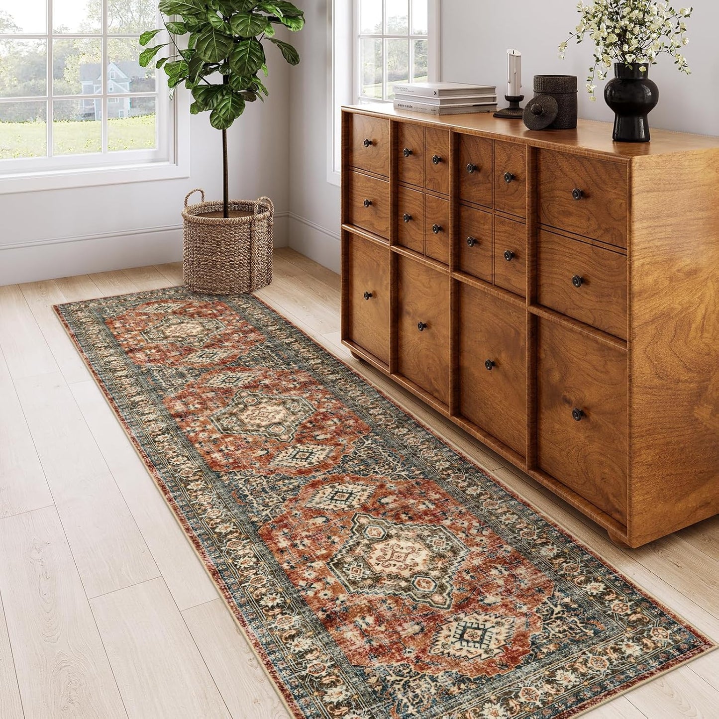 Lahome Oriental Hallway Runner Rug Non Slip, 2.5x8 Kitchen Washable Runner Soft Hallway Rug, Traditional Ultra-Thin Carpet for Bathroom Entryway ‎Laundry Room, Brick Red