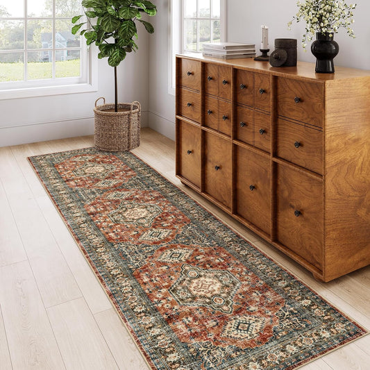 Lahome Oriental Hallway Runner Rug Non Slip, 2.5x8 Kitchen Washable Runner Soft Hallway Rug, Traditional Ultra-Thin Carpet for Bathroom Entryway ‎Laundry Room, Brick Red