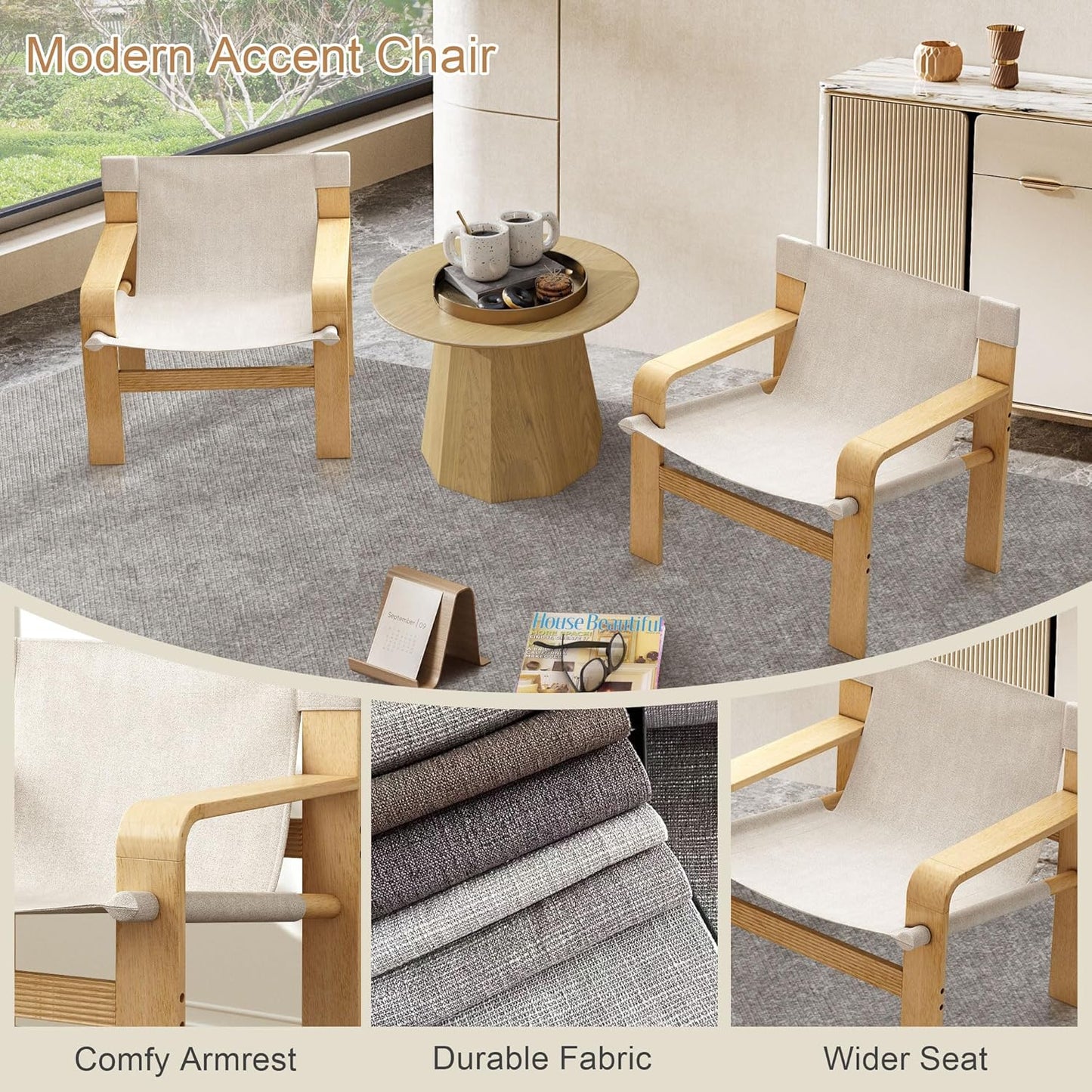 Ball & Cast Accent Chair Wide Armrest Mid-Century Lounge Living Room Chairs with Linen Fabric Armchair & Rubber Wood Frame,Detachable and Washable Seating Furniture for Bedroom,White