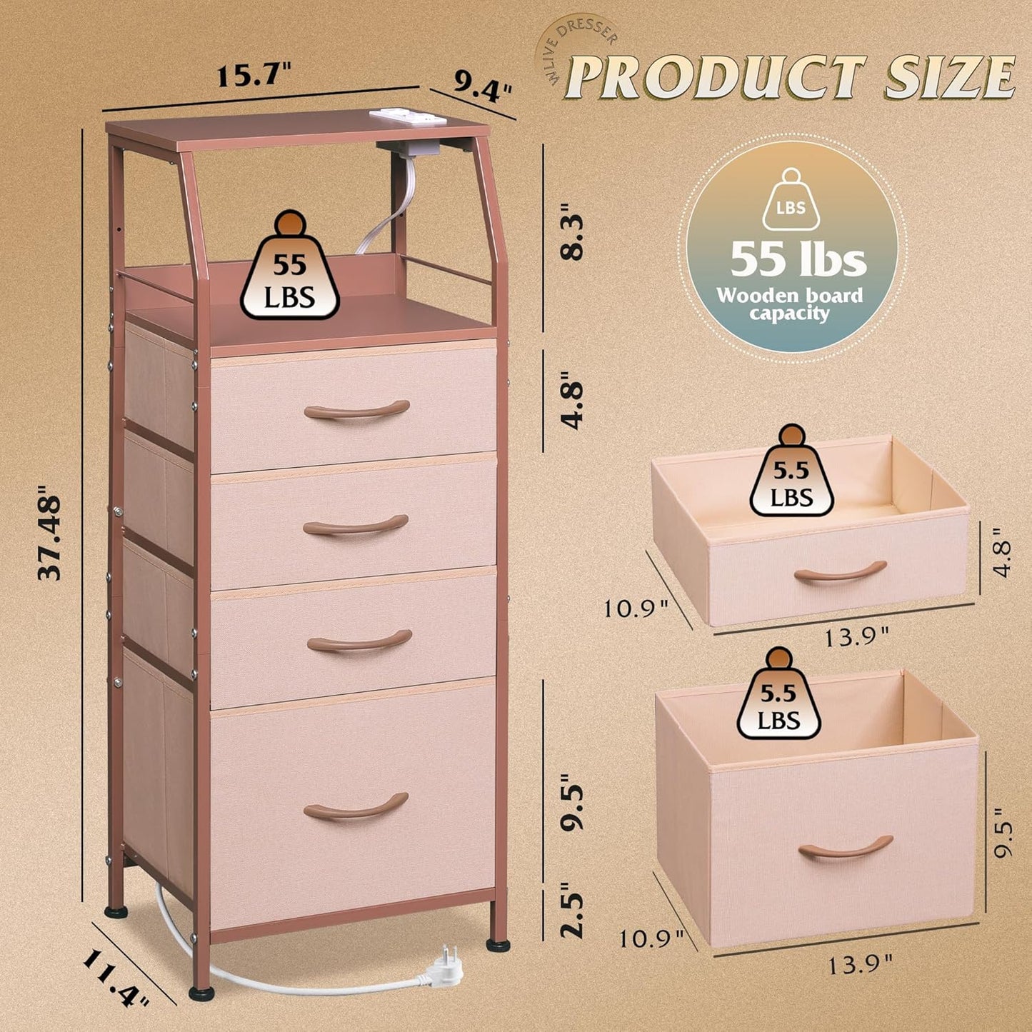 WLIVE 4 Drawer Dresser for Bedroom, 37" H Nightstand with Charging Station and Led Light, Tall Night Stand Bed Side Table, End Table with USB Ports and Outlets, Fabric Bins, Wood Shelf, Pink