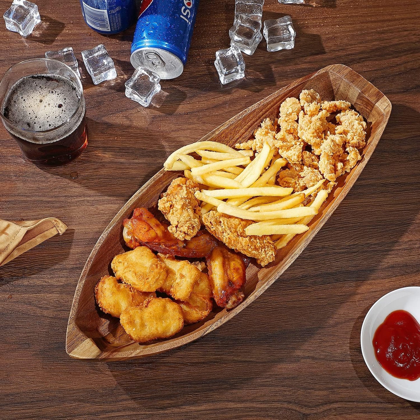 Lucky Boat Serving Tray, Acacia Solid Wood Boat Shape Plate for Serving Desserts, Fruit, Snack and Seafood or House Ornament,Key Tray,Functional and Storage Decorative Bowl。 (L)