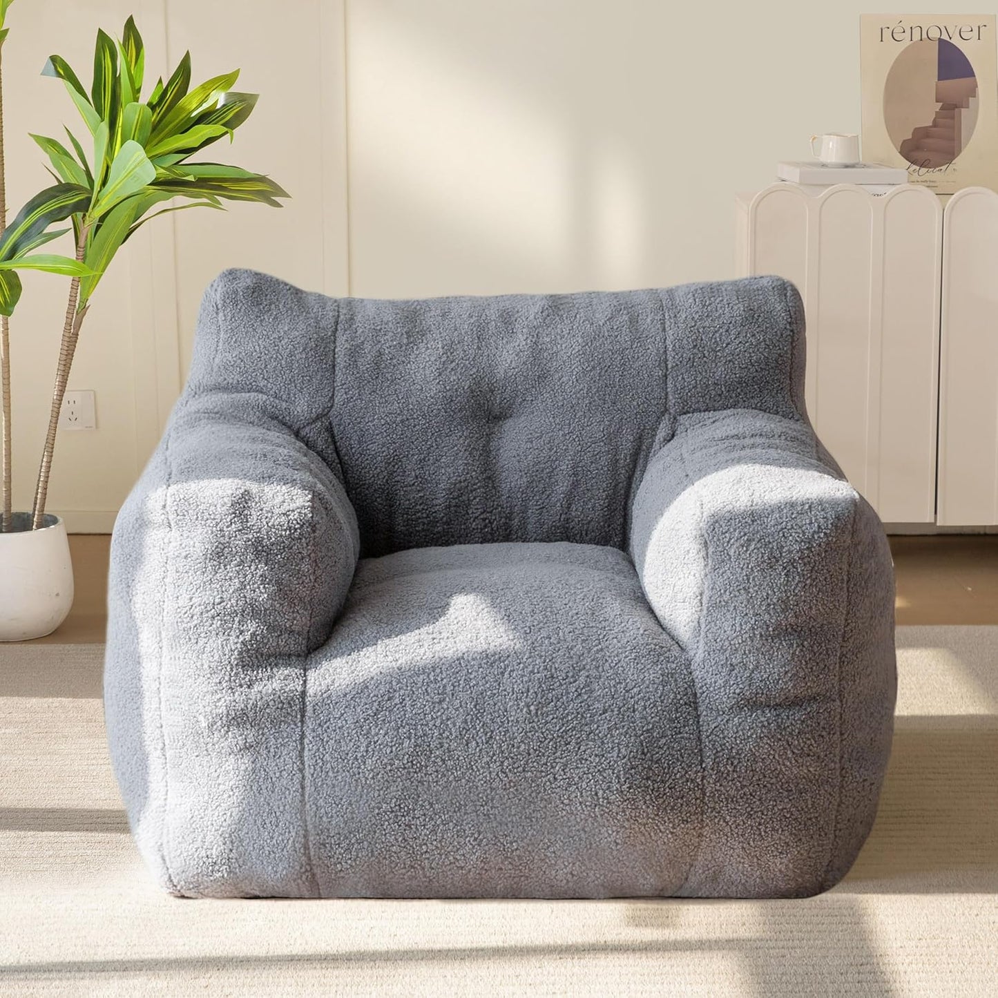 MAXYOYO Bean Bag Chair, Tufted Bean Bag Sofa with Boucle Fabric, Comfy Lazy Chair with Filler, Living Room Sofa for Adults Teens, Accent Couch for Bedroom Dorm, Grey