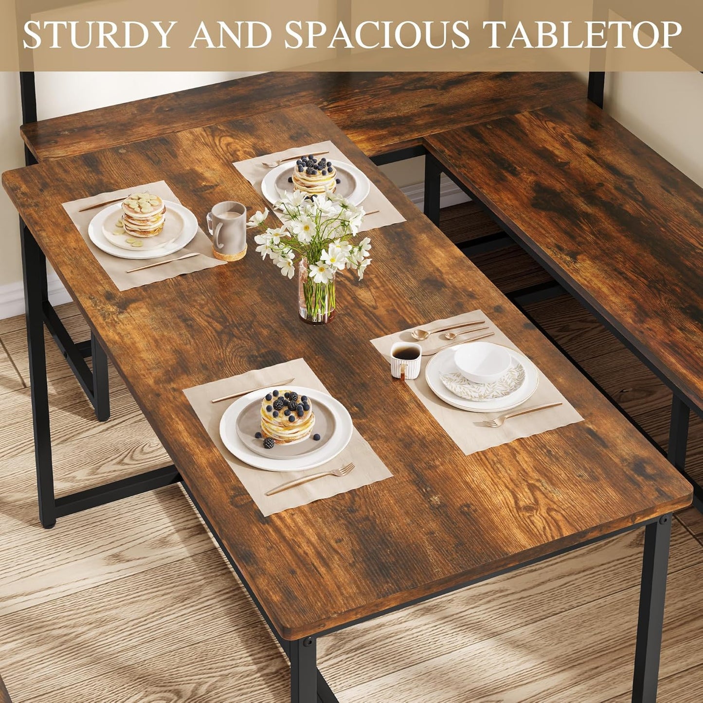 DWVO 3-Piece Dining Table Set for 4-6 People 47.2" Corner Dining Room Table with Left Seat Corner Bench and 43.3" Bench Brown Industrial Kitchen Table for Breakfast Nook Kitchen Living Room Restaurant