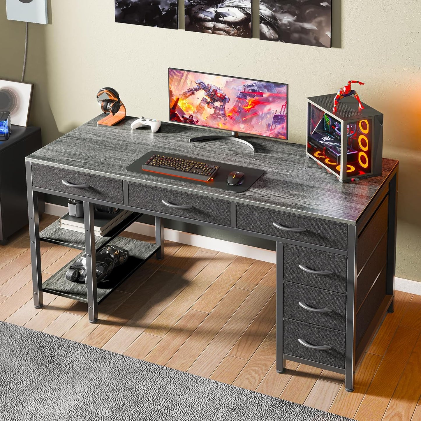 Huuger Computer Desk with 6 Drawers, 47 Inch Office Desk with Shelves, Reversible Gaming Desk, Corner Desk with Storage, for Home Office Study, Living Room, Gray