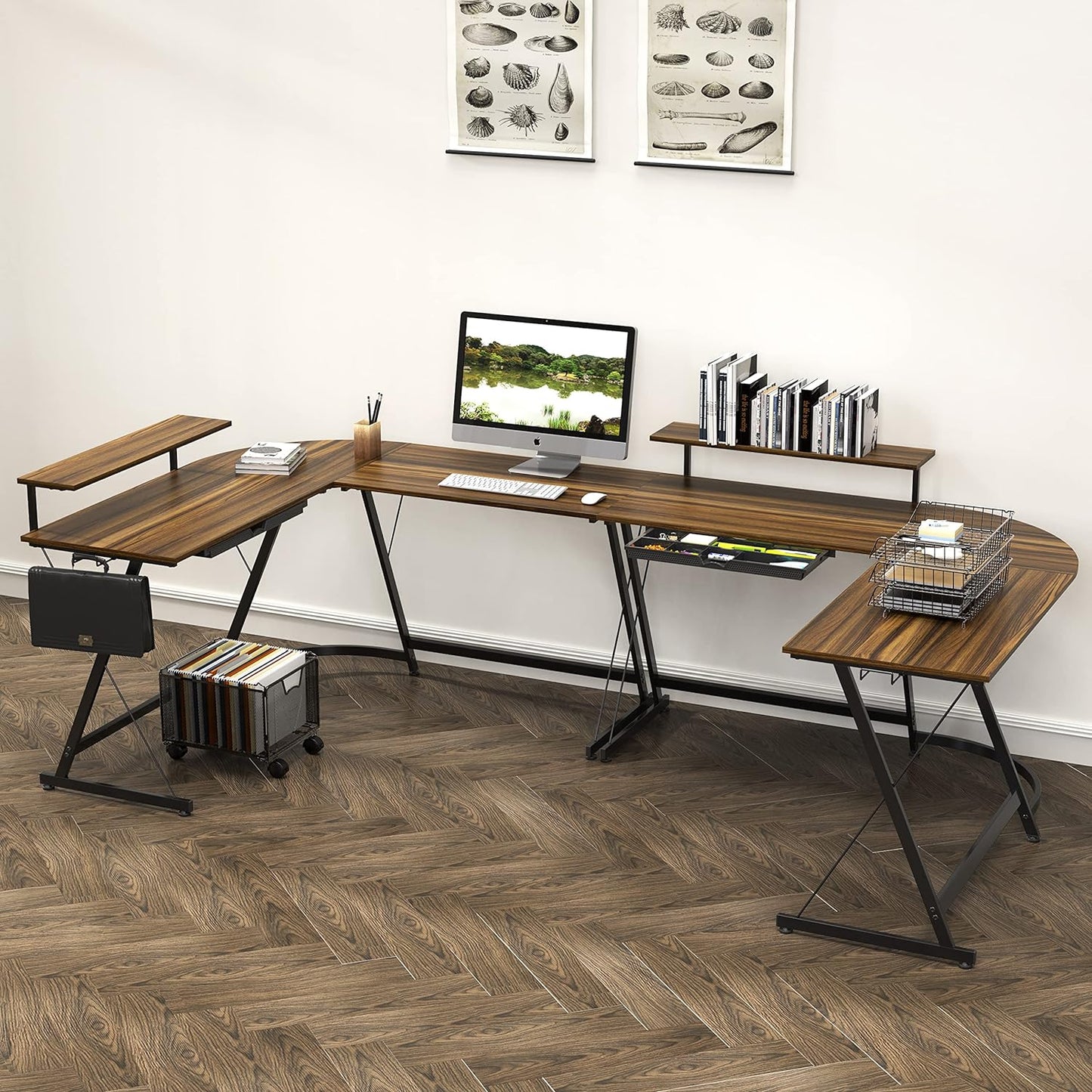 SHW 51 x 51 Inches Vista L-Shaped Desk with Monitor Stand and Drawer, Walnut