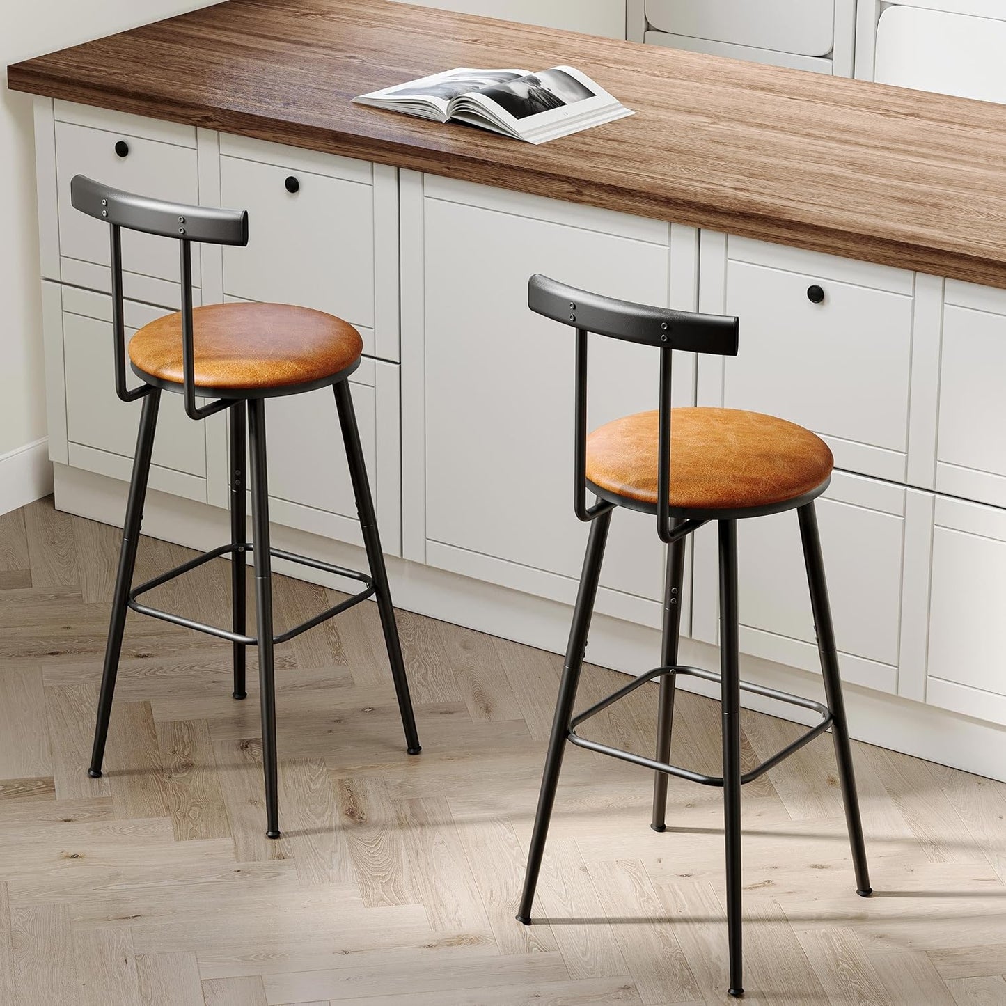 Bar Stools, Set of 2 High Kitchen Barstools, Bar Chairs with Backrest and Footrest, Industrial Counter Stools with PU Soft seat, for Kitchen, Living Room, Pub, Rustic Brown BS-013RB