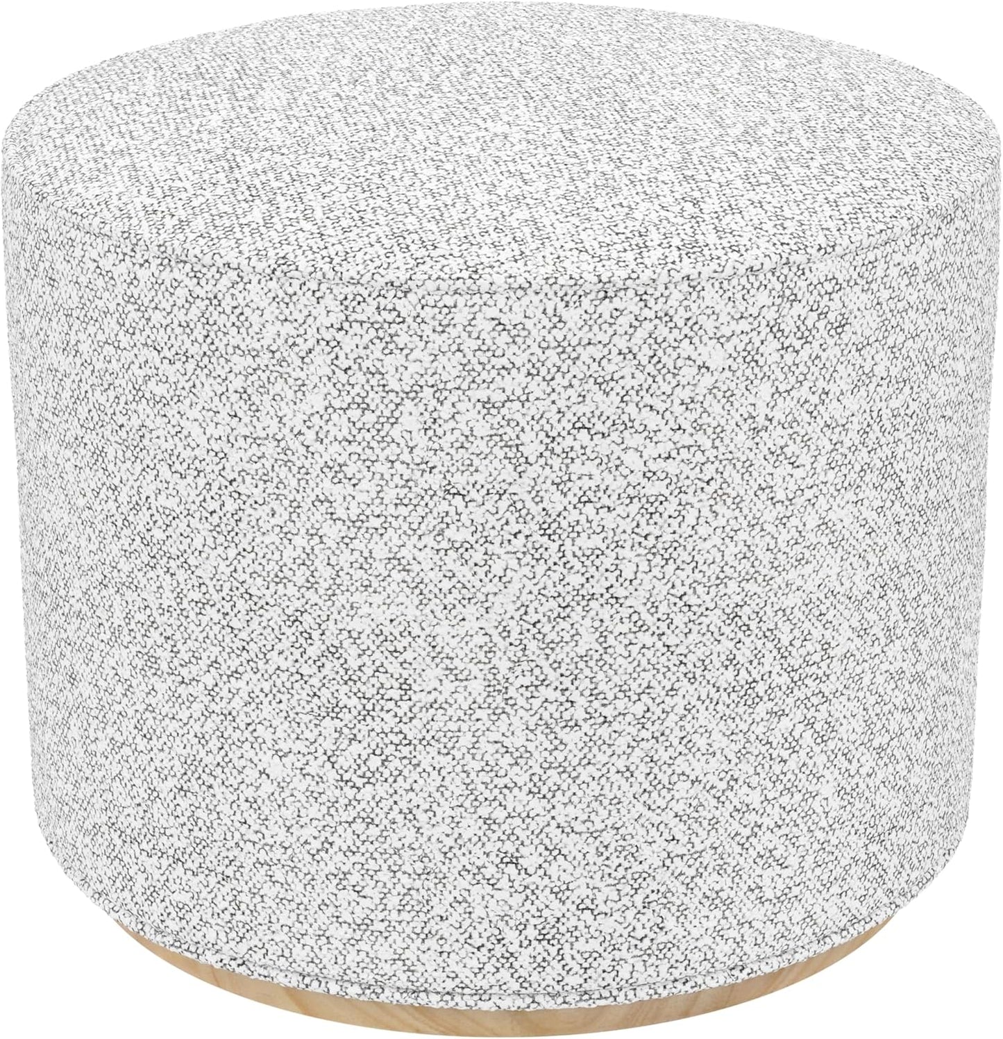 Bouclé Ottoman with Wooden Base – 22” Round Upholstered Footrest, Cream Bouclé with Gray Yarns, Modern Accent Stool for Living Room & Bedroom