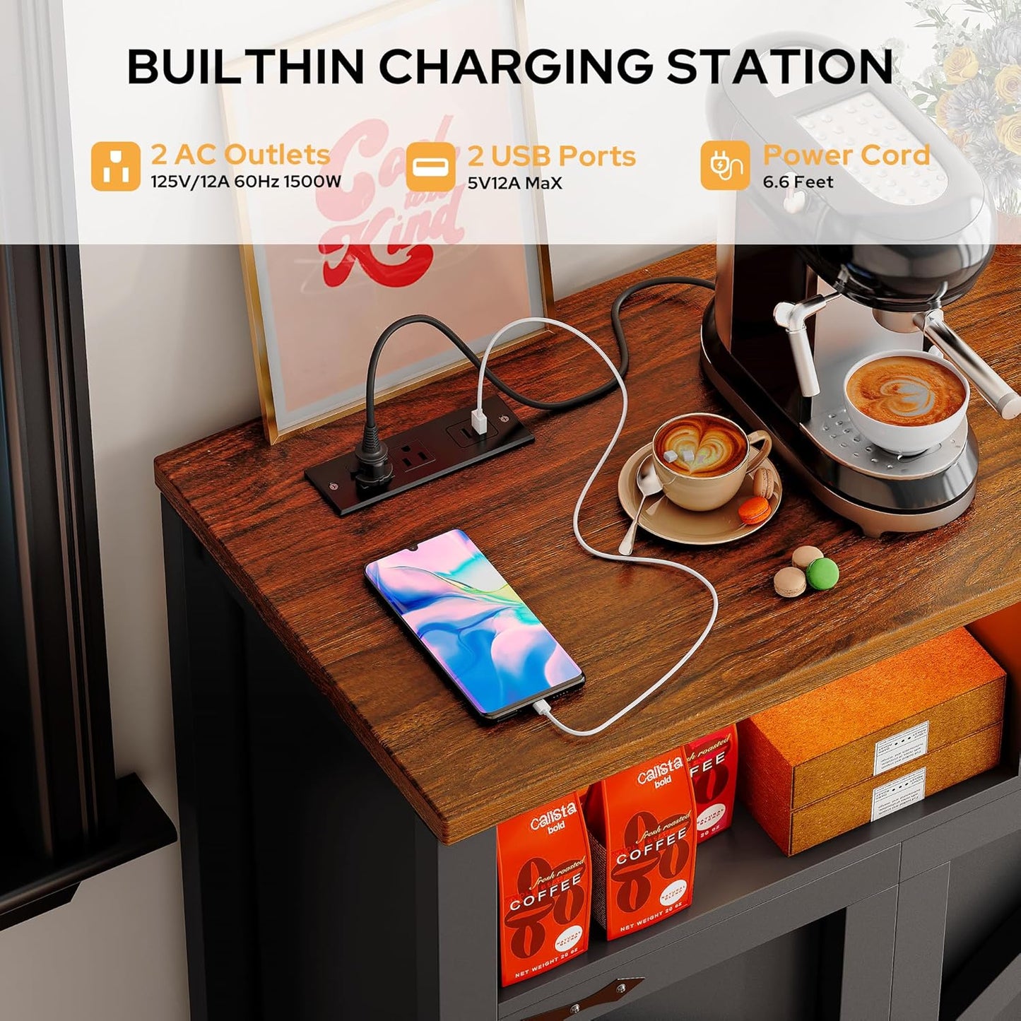 Buffet Sideboard with Storage with Power Outlets & LED Light 4 Doors, 55'' Large Farmhouse Kitchen Storage Cabinet Wood Coffee Bar Cabinet Buffet Table for Kitchen, Dining Room, Entryway