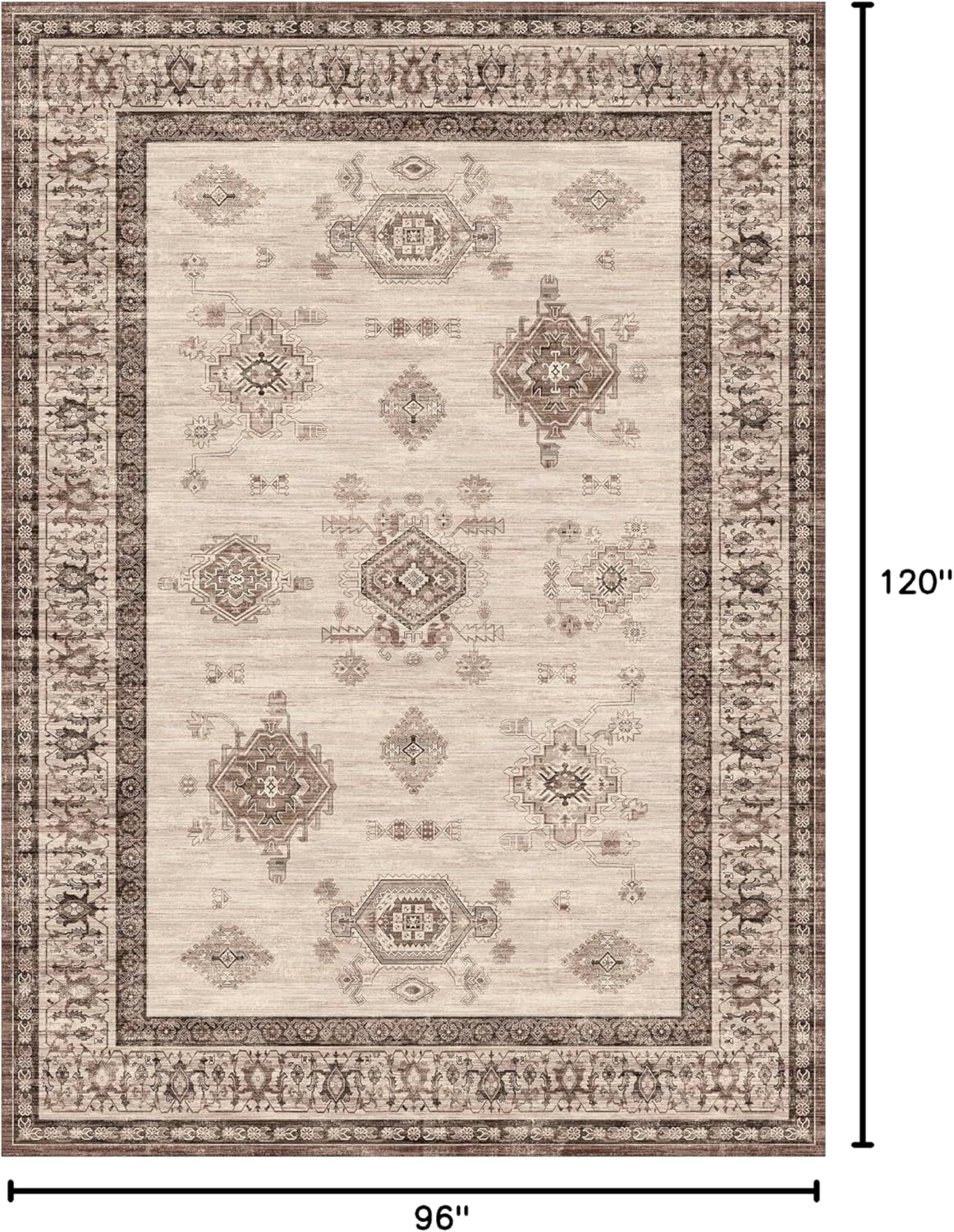 8X10 Area Rugs Machine Washable Rugs for Living Room, Vintage Boho Large Rugs for Bedroom Dining Room, Non Slip Indoor Soft Distressed Lightweight Thin Low Pile Carpet, Beige