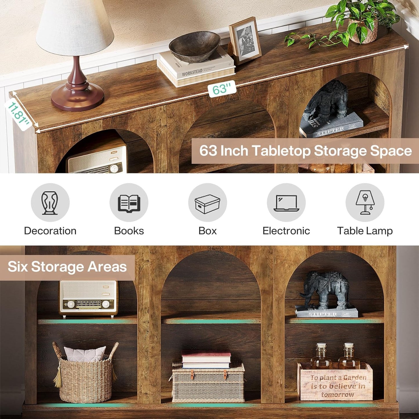 Tribesigns Farmhouse Console Table, 63-Inch Long Entryway Table with 3 Tier Storage, Wooden Rectangular Sofa Table Behind The Couch for Entrance, Hallway, Living Room, Brown