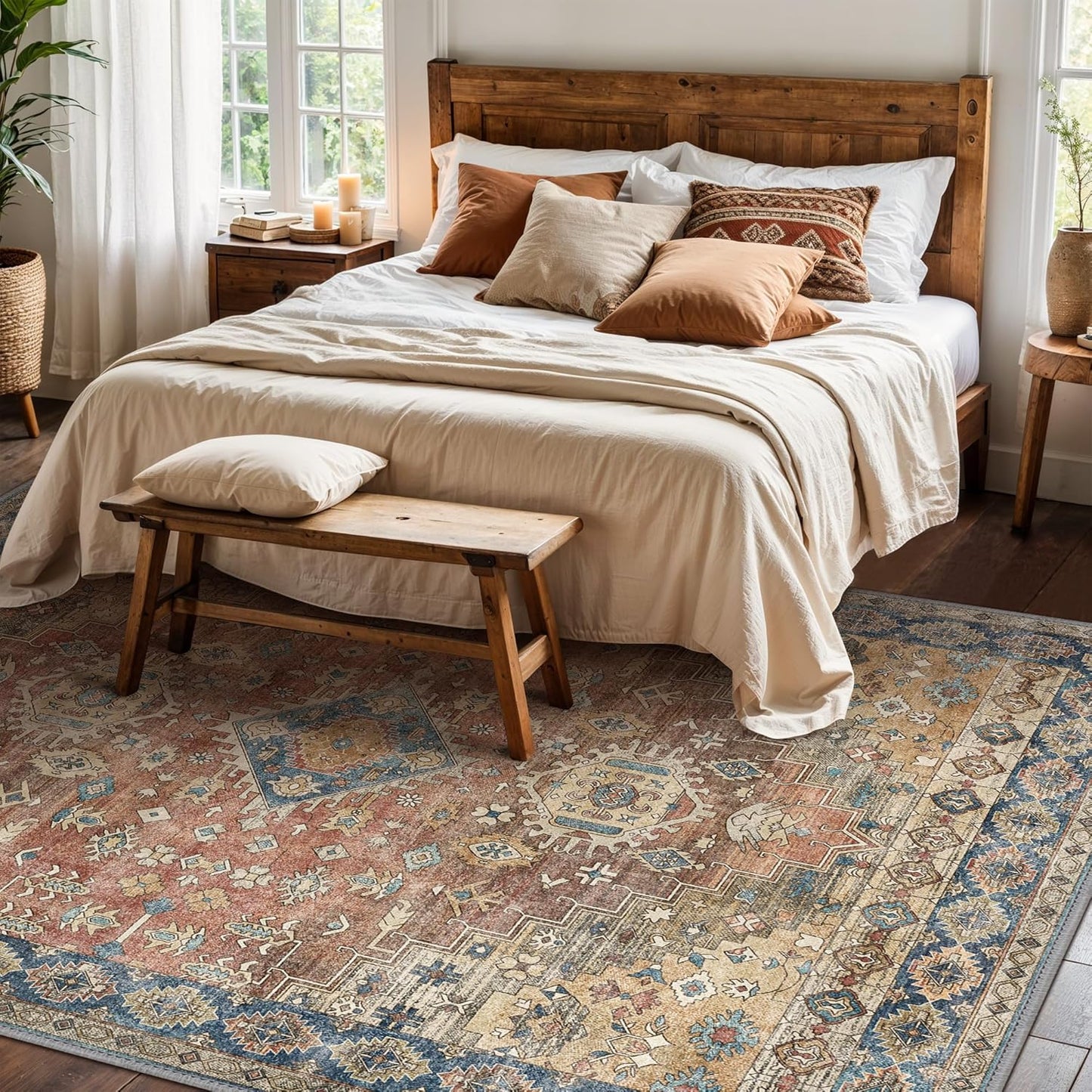 GENIMO 9x12 Area Rugs for Living Room, Machine Washable Non Slip Vintage Rugs, Low Pile Lightweight Chenille Print Rug for Bedroom, Dining Room, Home Office, Antique Red