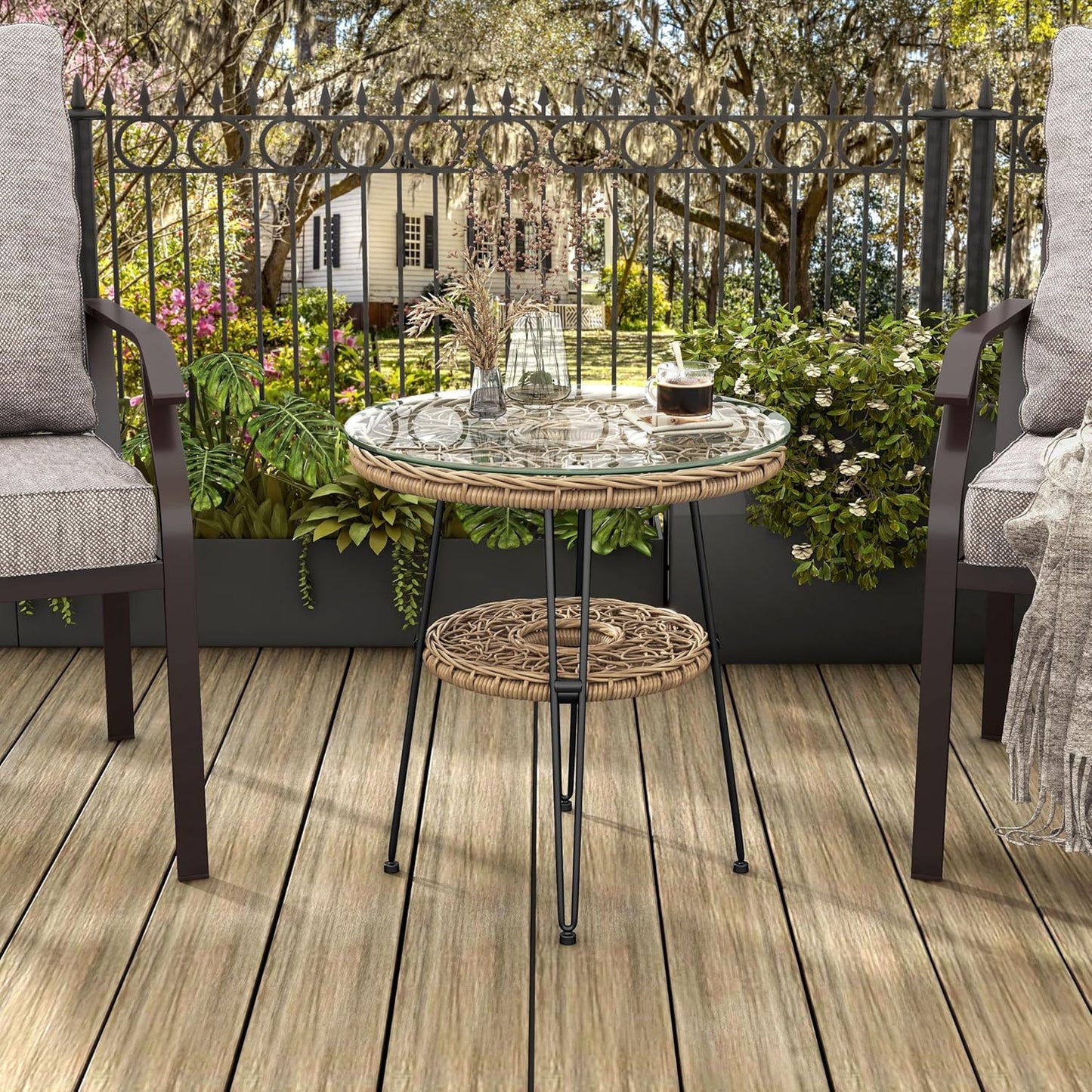 Muse & Lounge Co. Ysar Boho 19-inch Round Coffee Table Outdoor with Tempered Glass Top and Metal Frame, Handcrafted Coastal Furniture for Patio, Poolside, Garden, Yard, Natural