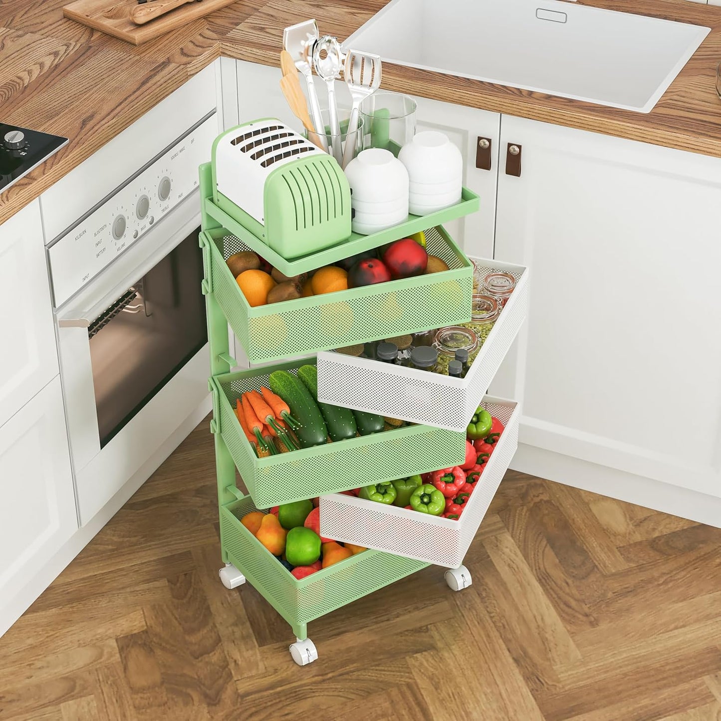 Rotating Kitchen Storage Rack No Assembly, Fruit Basket,Bathroom Storage Cart,Kitchen Organizers and Storage Cart on Rolling Wheels(Green White, 5 Tier-Square)