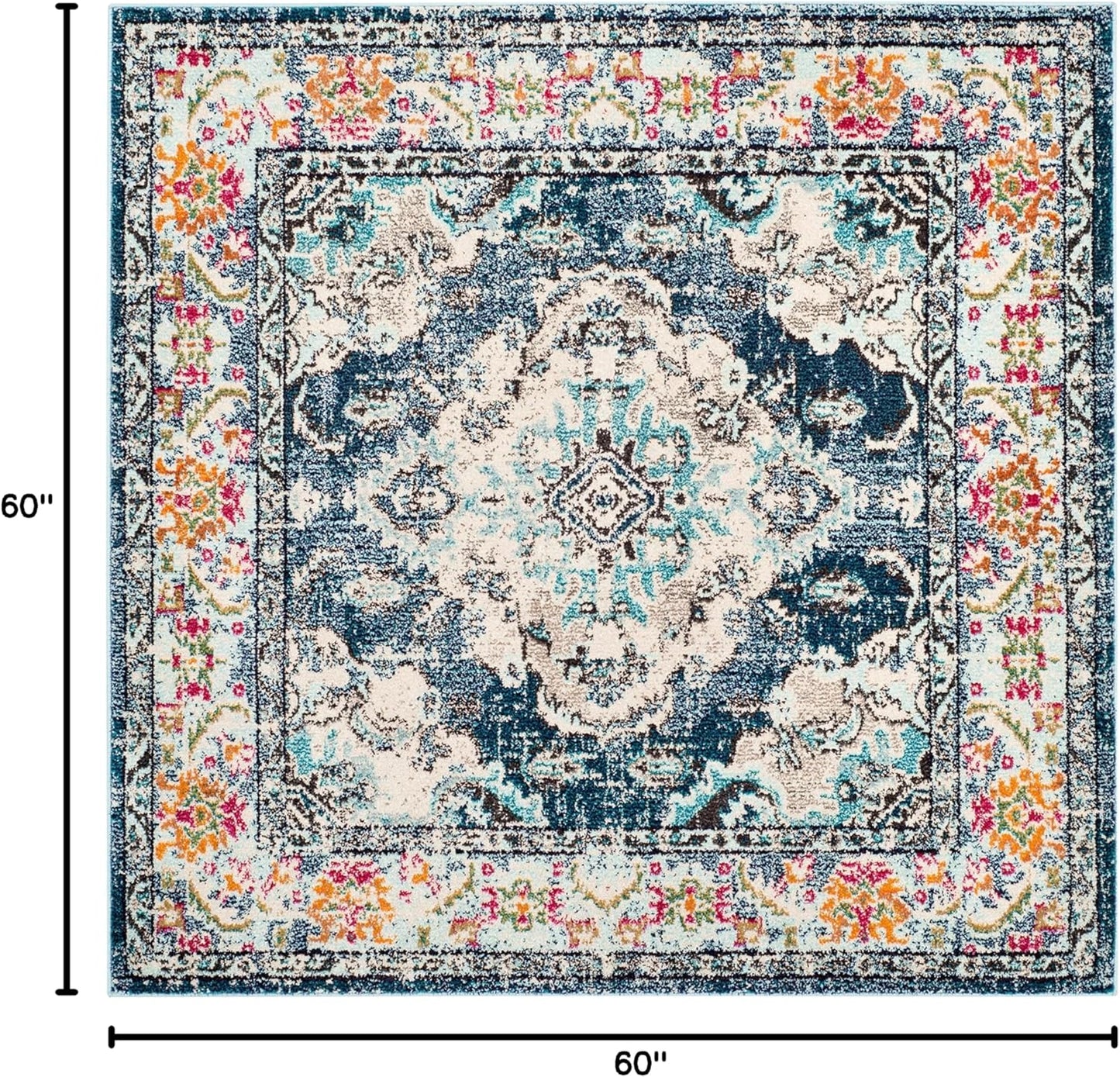 SAFAVIEH Monaco Collection Area Rug - 5' Square, Navy & Light Blue, Boho Chic Medallion Distressed Design, Non-Shedding & Easy Care, Ideal for High Traffic Areas in Living Room, Bedroom (MNC243N)