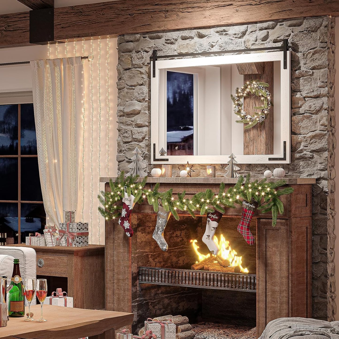 Farmhouse Mirror for Bathroom, 41"x26" White Rustic Bathroom Mirror with Wood Framed Decorative, Rectangle Barn Door Vanity Mirrors for Wall Entryway, Living Room, Courtyard