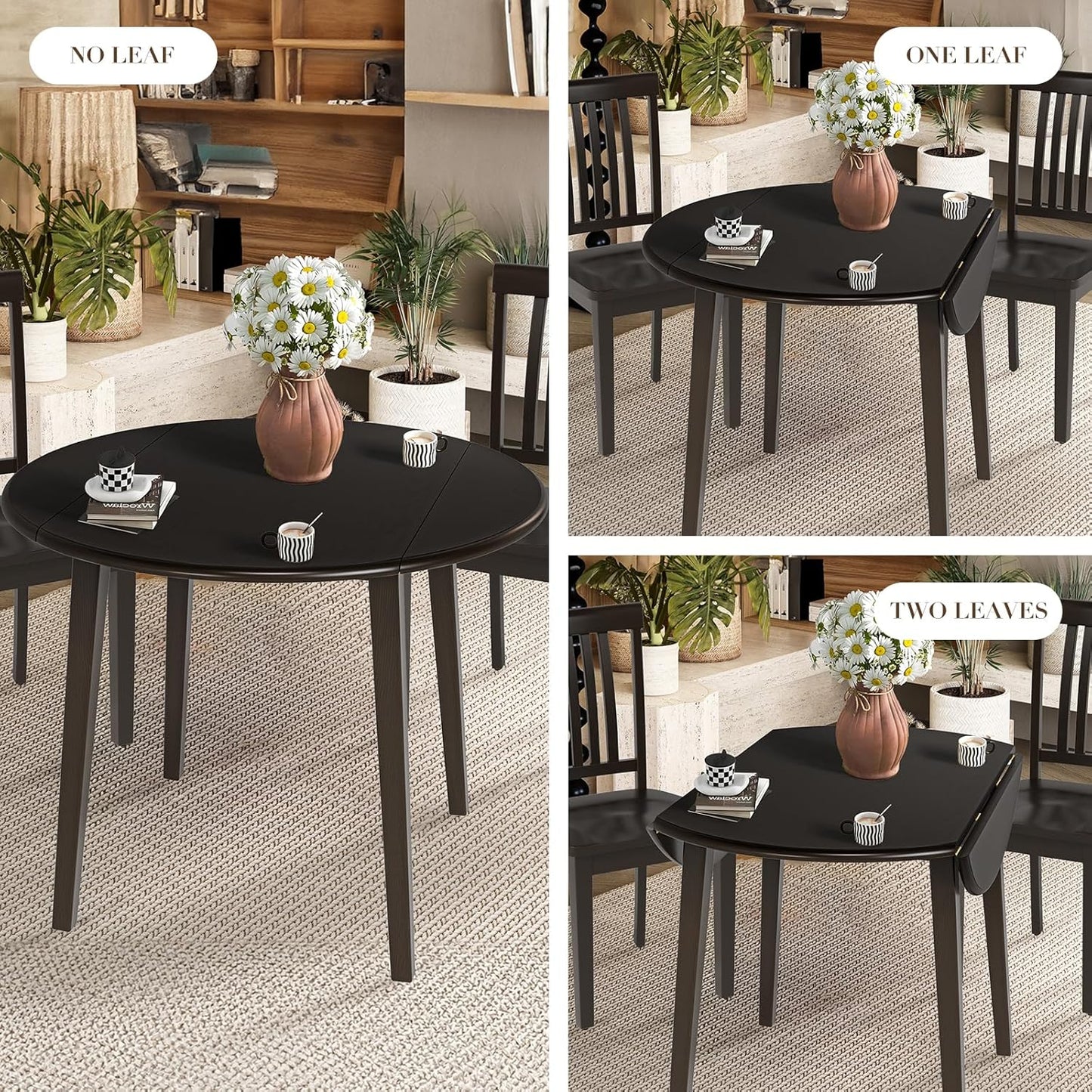 COLAMY 5-Piece Extendable Dining Table Set for 4, 36" Kitchen Round Wood Table with 4 Wooden Dining Room Chairs,Dark Brown/Green