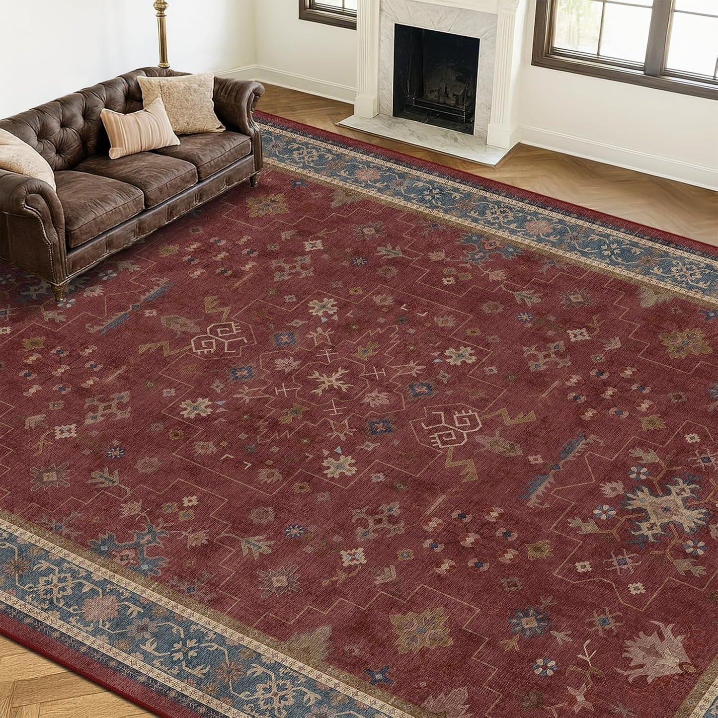 Moroccan Big Rugs for Living Room - Dark Red 10 x 14 Area Rug for Large Bedroom, Dining Room, Washable Lightweight Low Pile Foldable Oriental Burgendy Home Décor