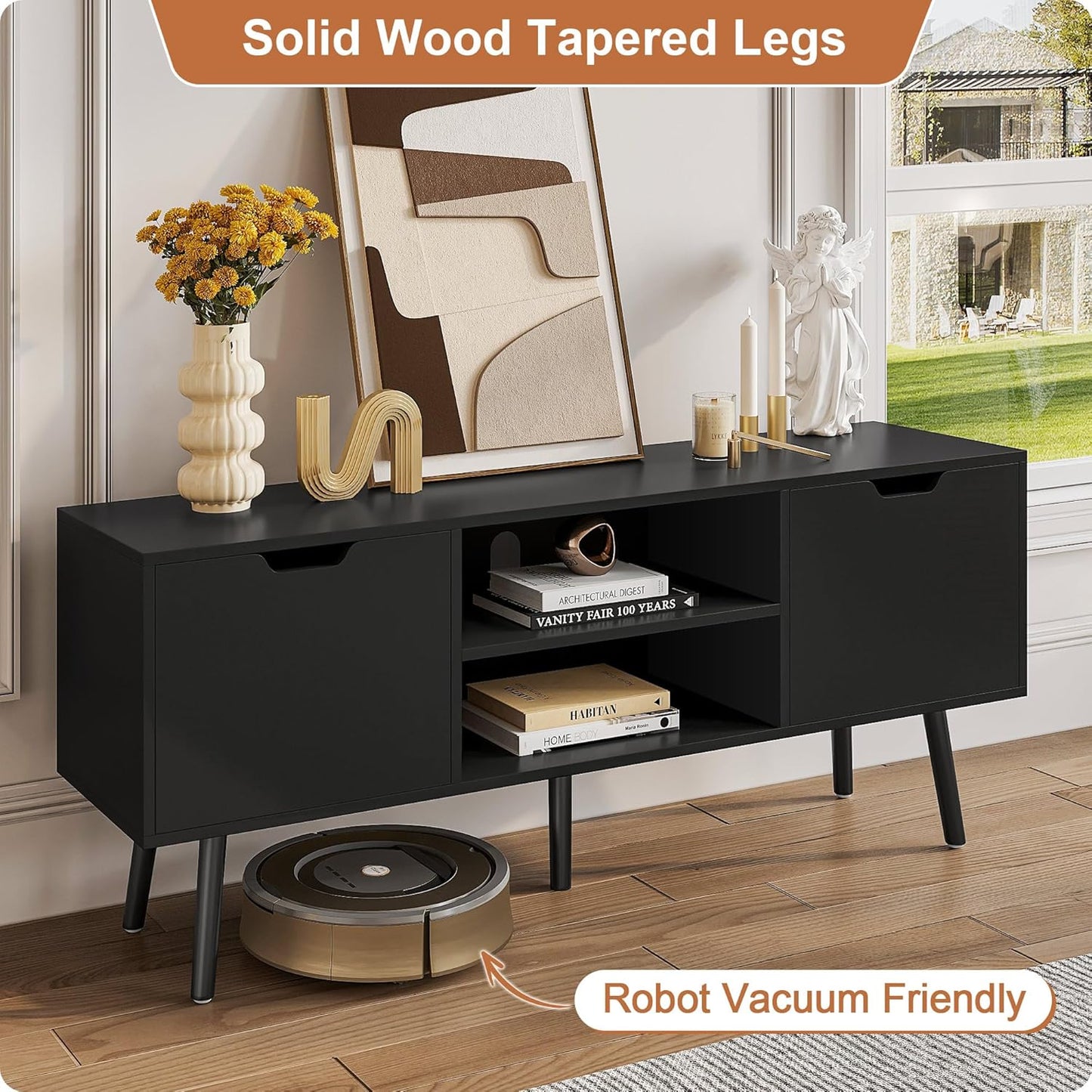 ALINE FURNITURE Black TV Stand with Storage - Media Console Cabinet for 50 55 60 Inch TVs - Entertainment Center - Wood TV Stands for Living Room