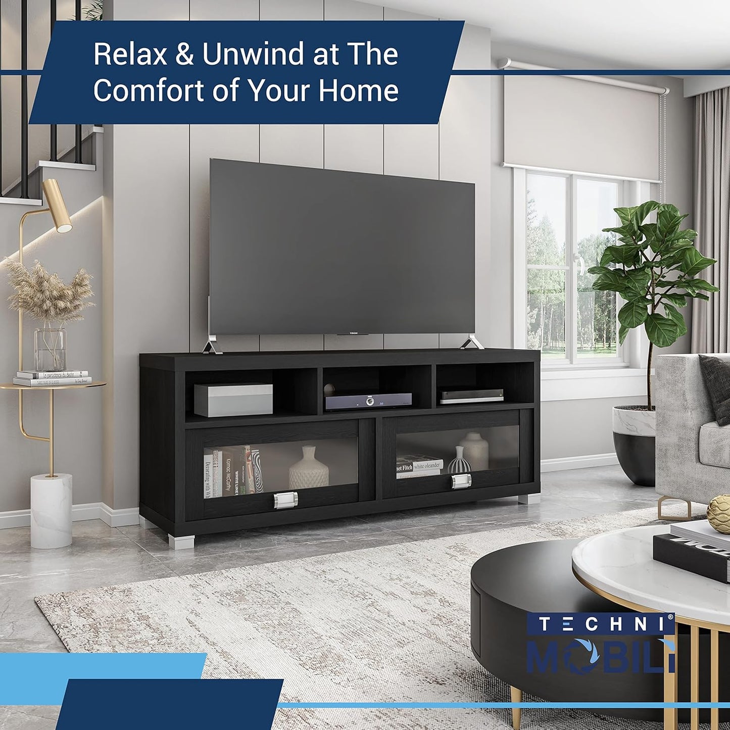 Techni Mobili TV Stand for 55+ Inch TV - Durbin Entertainment Center for 65 Inch TV - Living Room & Media Furniture with Glass Storage Cabinet Drawers, Shelves, & Cable Management Opening - Black