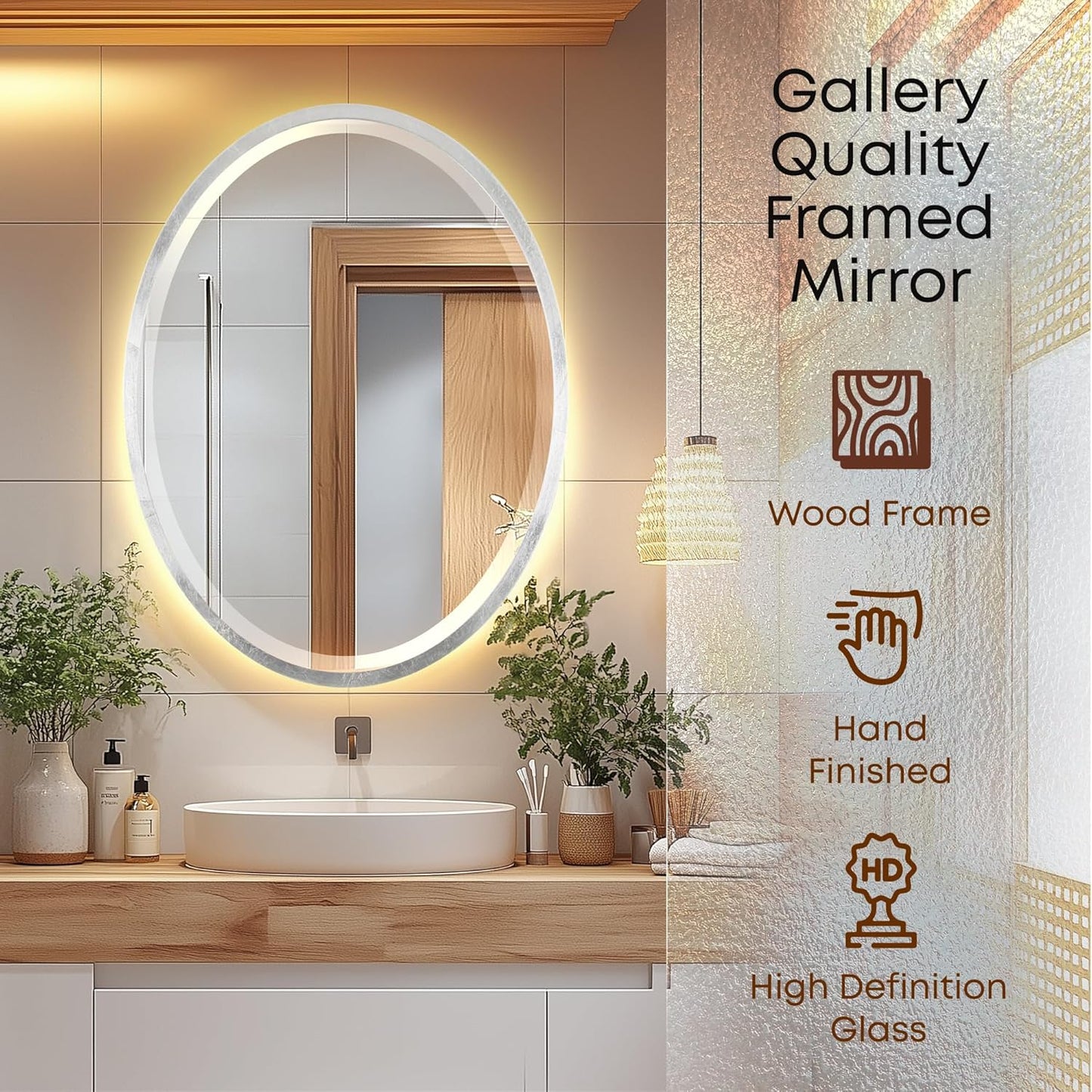 OVALCREST - Oval Wooden Beveled Wall Mirror for Home Decor, Bathroom, Vanity, Bedroom, Living Room, Hallway - London Style (Silver Leaf with Brown Antique) 31.1 x 41.1