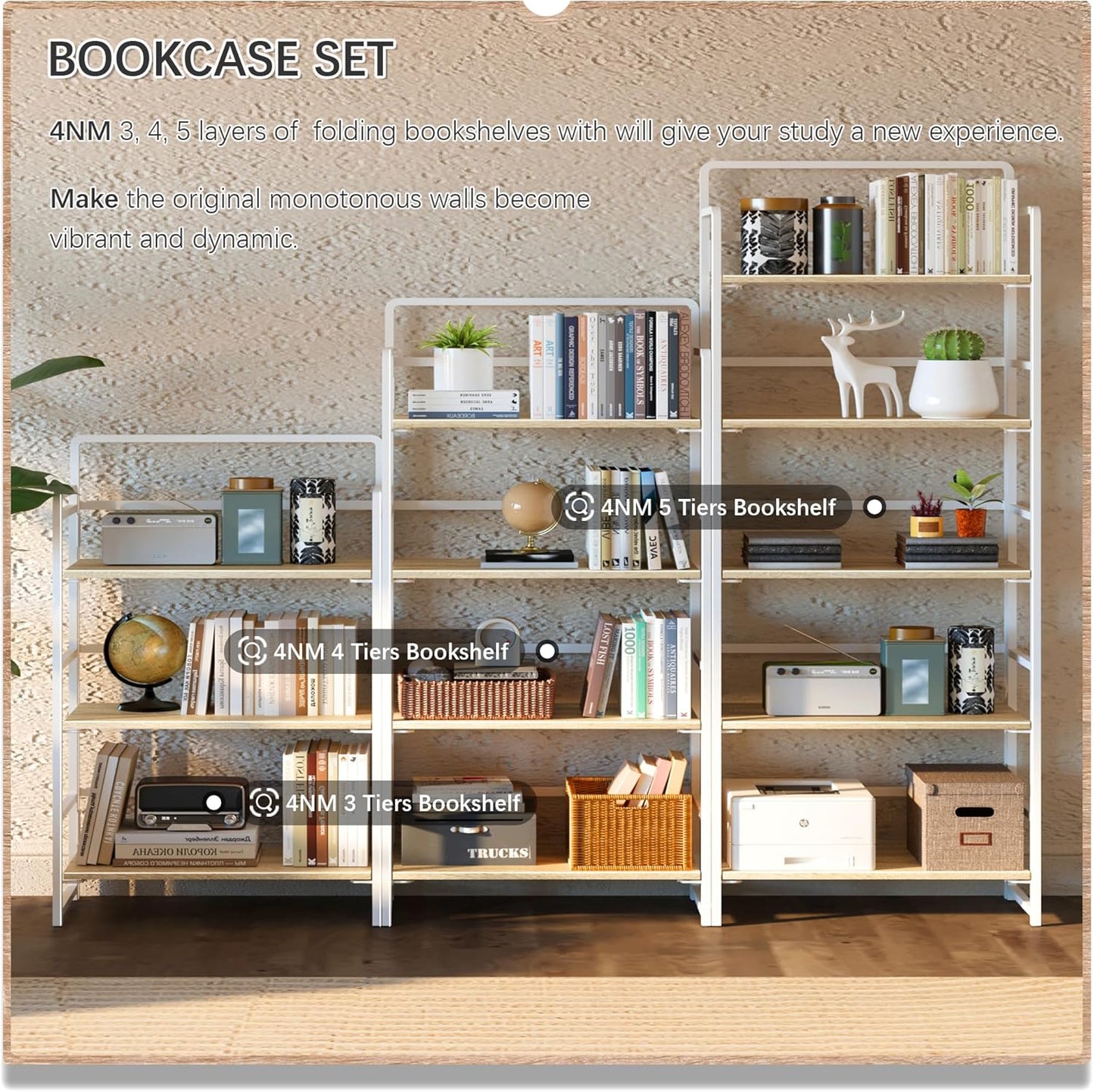 4NM No-Assembly 5 Tiers Folding Bookshelf Storage Shelves Vintage Bookcase Standing Racks Study Organizer Home Office (Natural White)