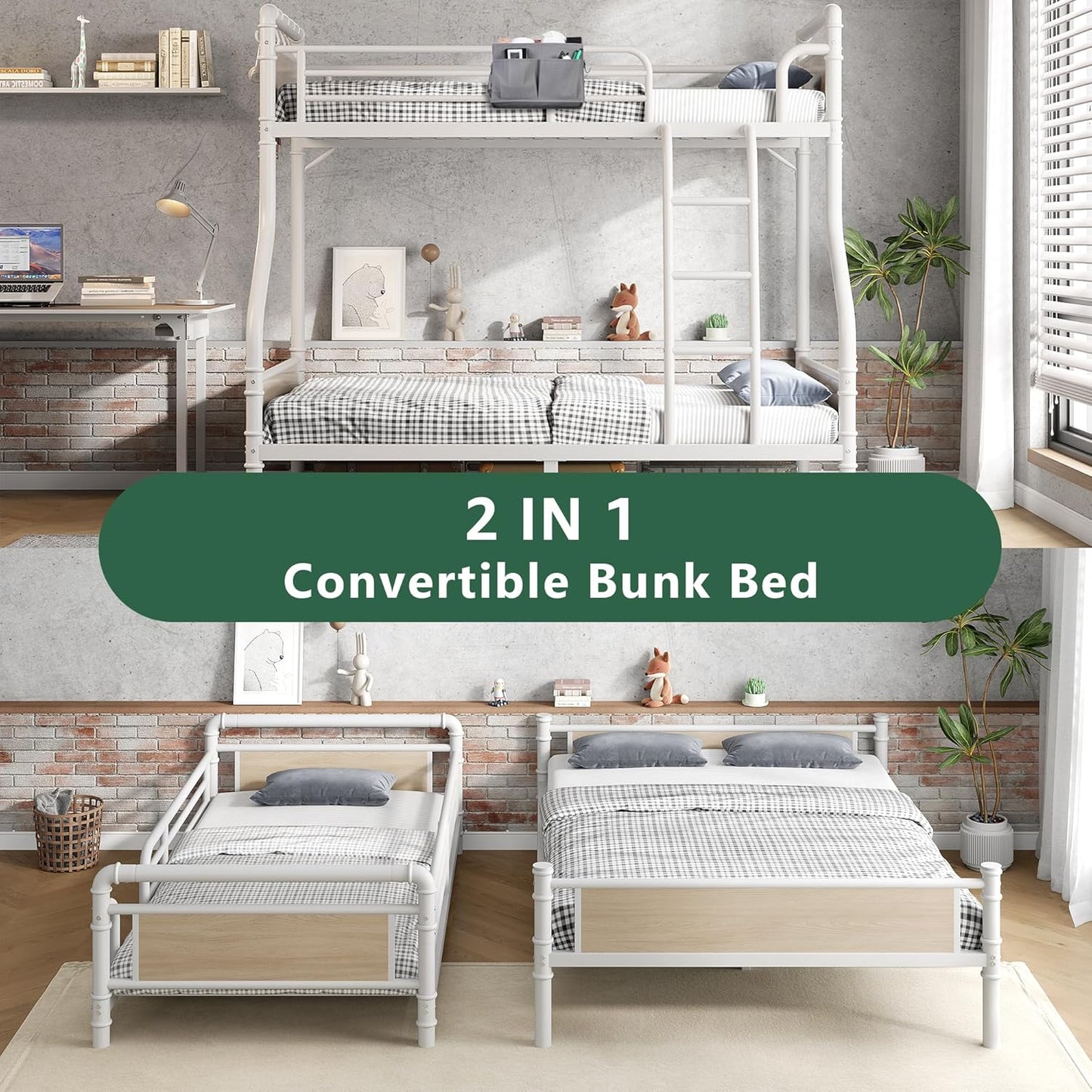 Metal Bunk Bed Twin Over Full, Industrial Bunkbeds Heavy Duty Bed with Safety Guard Rails and Space-Saving Design, Steel Bed for School, Bedroom (White)