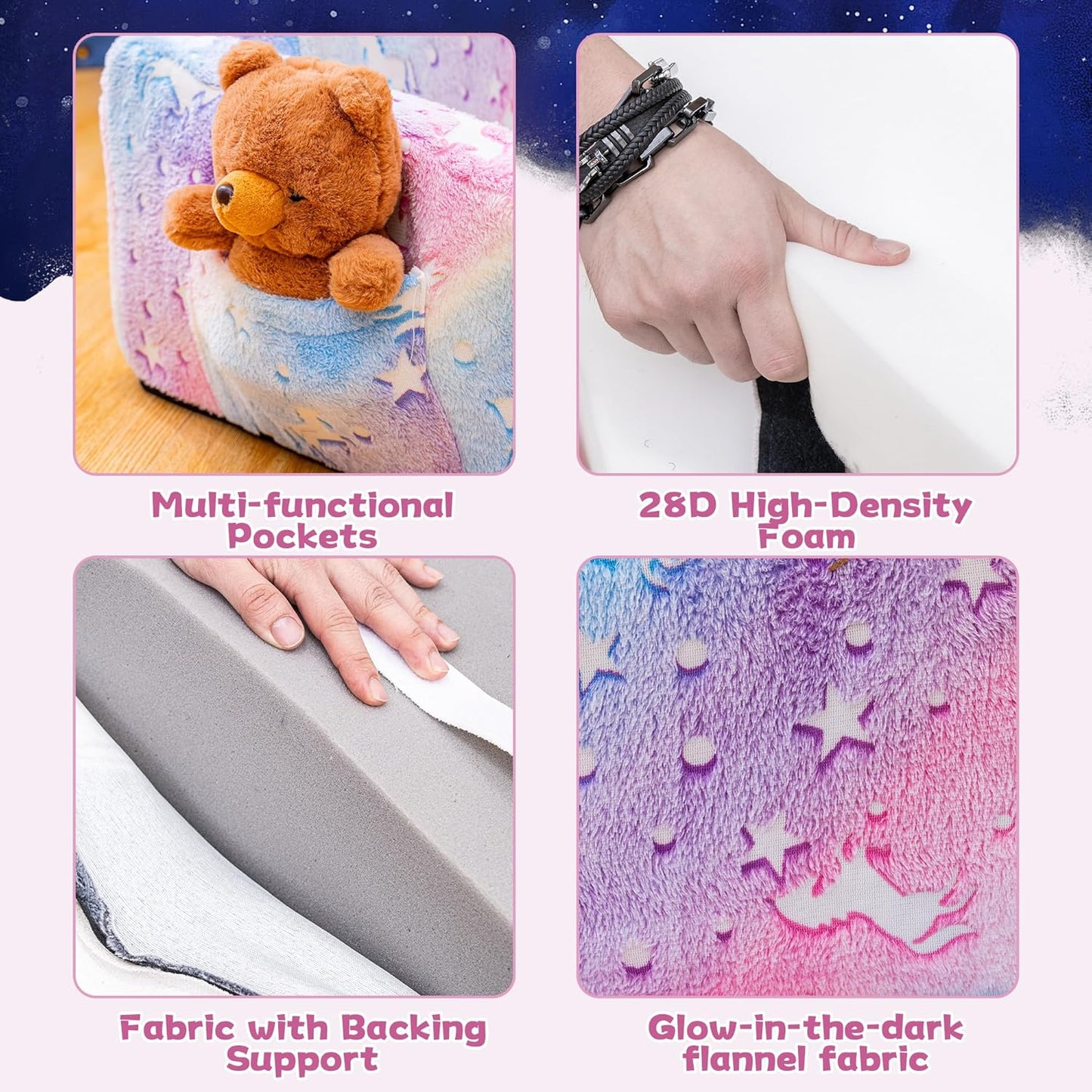 Lamerge 2-in-1 Soft Toddler Couch Fold Out,Foldable Toddler Chair, Glow in The Dark Kids Sofa for playroom,Convertible Foam and Floor Cushion for Boys and Girls (Rainbow and Unicorn)