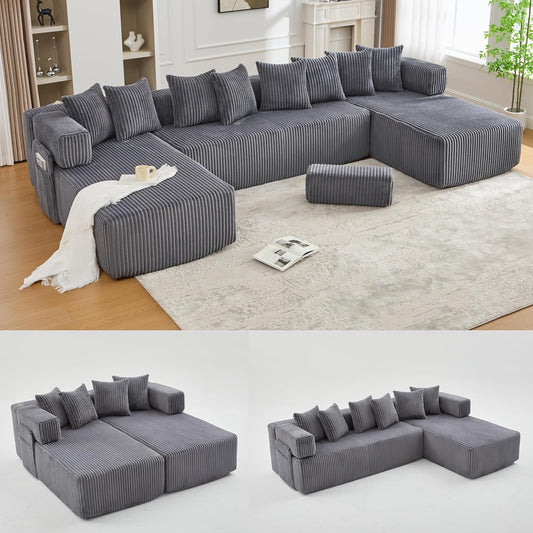 Eafurn DIY Combination Compression Modular Sectional Sofa with Double Chaise Lounge, 146" Oversized U Shaped Boneless Couch with Deep Seat Convertible Sleeper Sofabed w/Throw Pillows