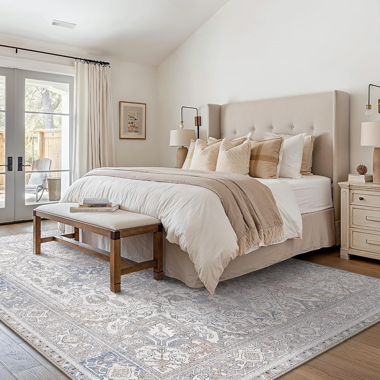 GENIMO 5x8 Area Rugs for Living Room, Machine Washable Low Pile Rugs, Chenille Non Alip Vintage Rug for Bedroom, Dining Room, Home Office, Khaki Blue