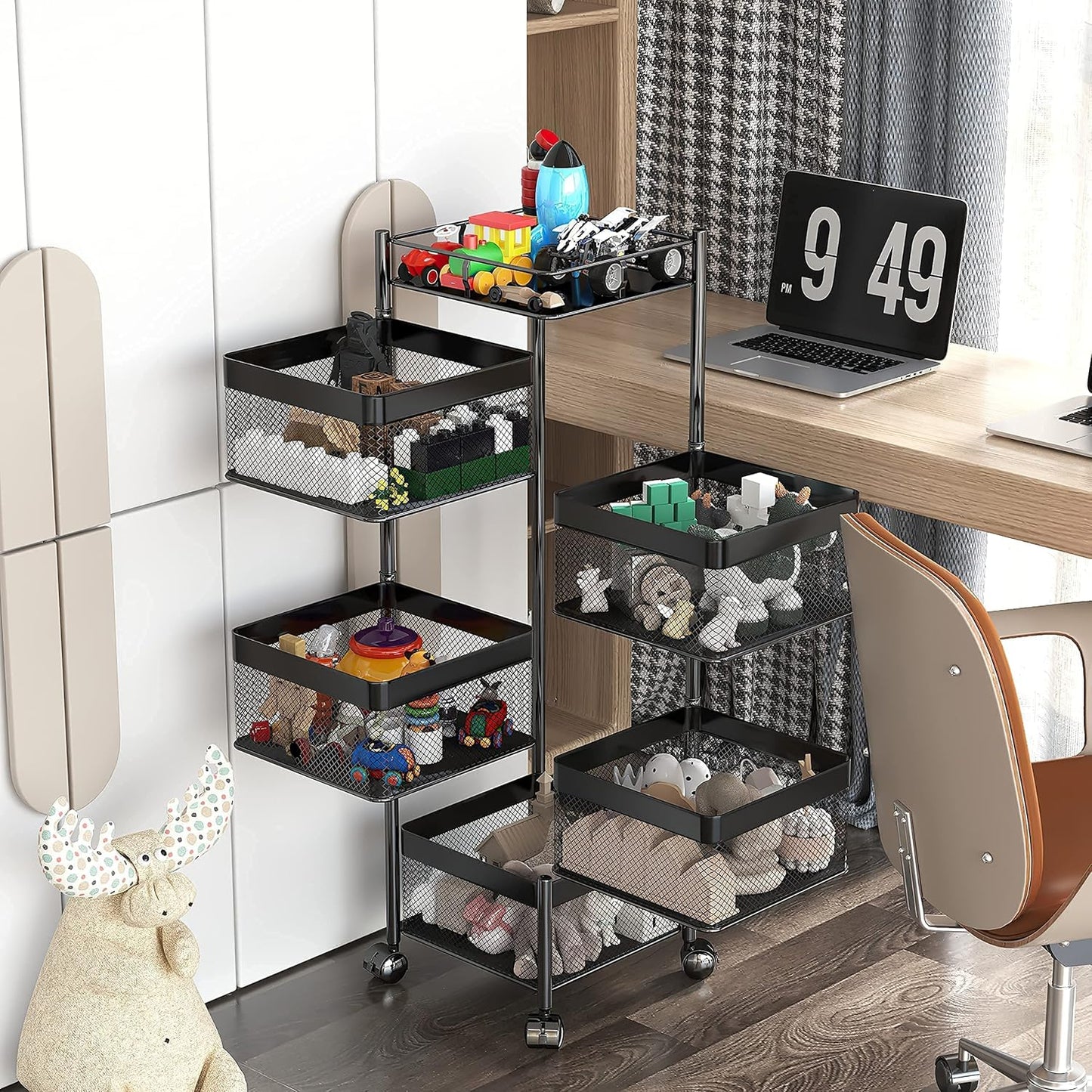 Fruit and Vegetable Basket for Kitchen No Assembly， Rotating Storage Rack,Bathroom Storage Shelf, Kitchen Organizers and Storage Cart on Rolling Wheels(Black, 5 Tier-Square)