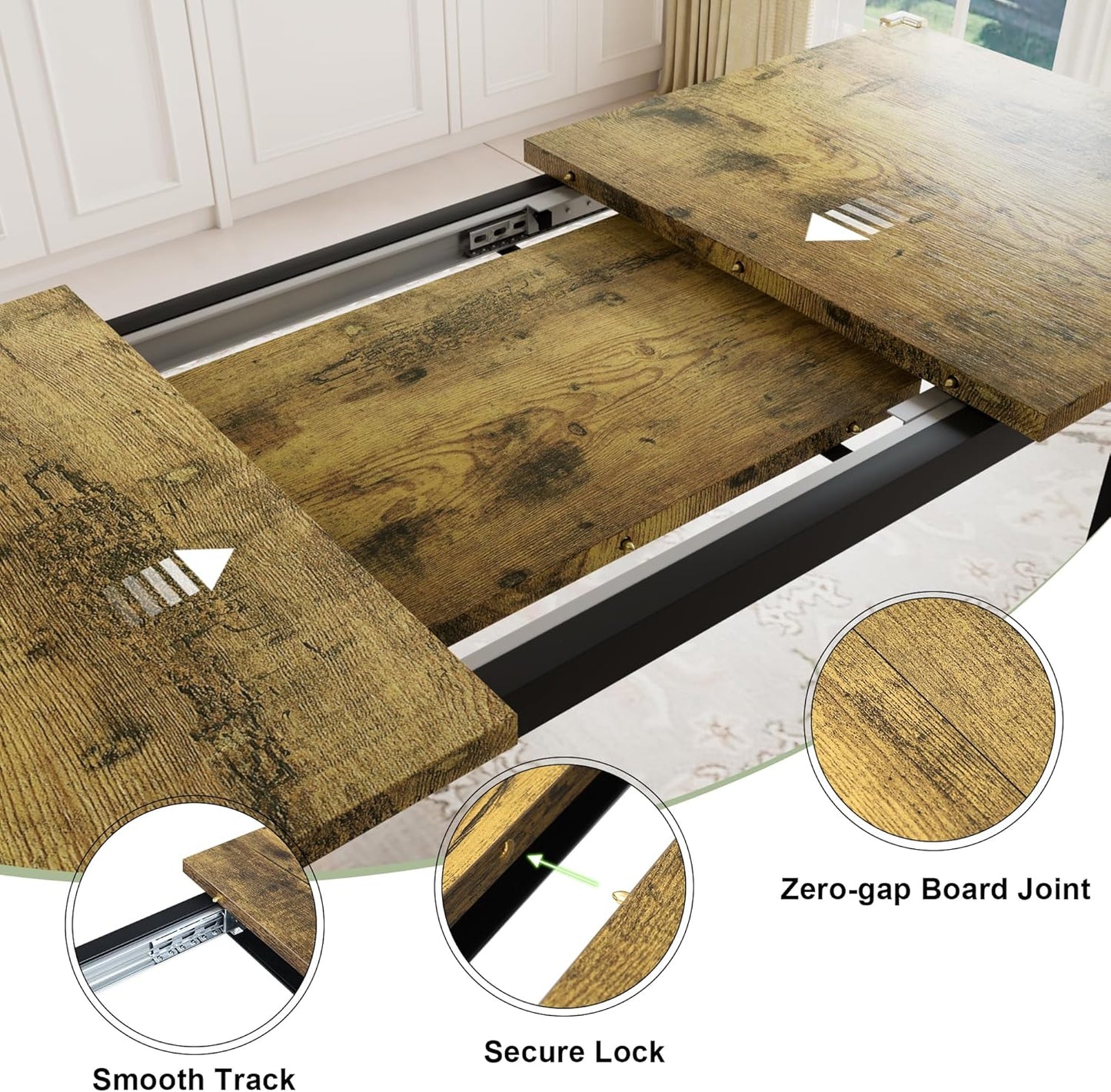 Feonase 7-Piece Dining Table Set with 6 Stools, 63 Inch Extendable Kitchen Table for 4-8, Kitchen Room Set with MDF Board & Metal Frame, Farmhouse Table, Space-Saving, Rustic Brown