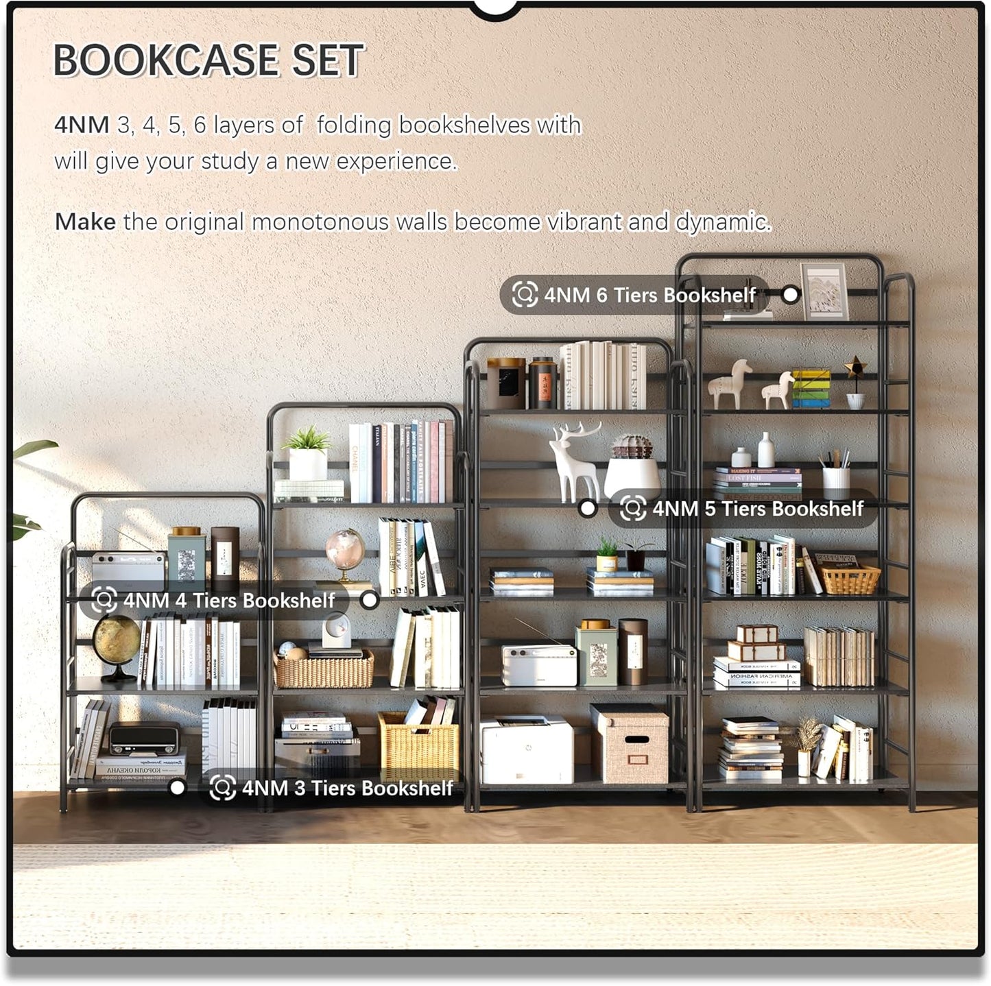 4NM No Assembly Folding Bookshelf 5 Tiers Vintage Industrial Black Book Shelf Metal Foldable Storage Bookcase and Bookshelves for Living Room,Bedroom and Kitchen - Black